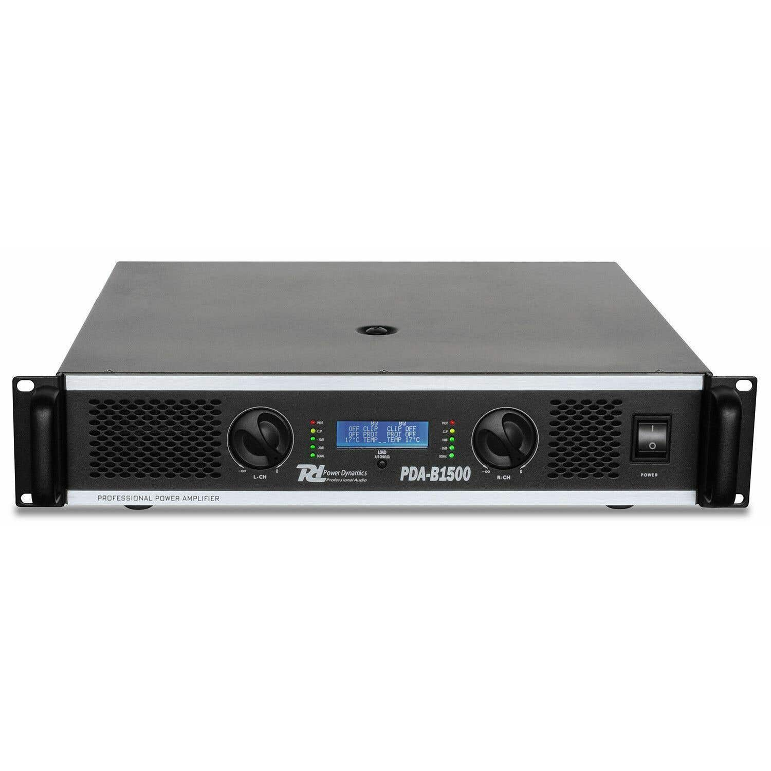 Un amplificador de potencia profesional negro. Tiene una pantalla LCD, perillas de control y un interruptor de encendido. La marca es Power Dynamics.