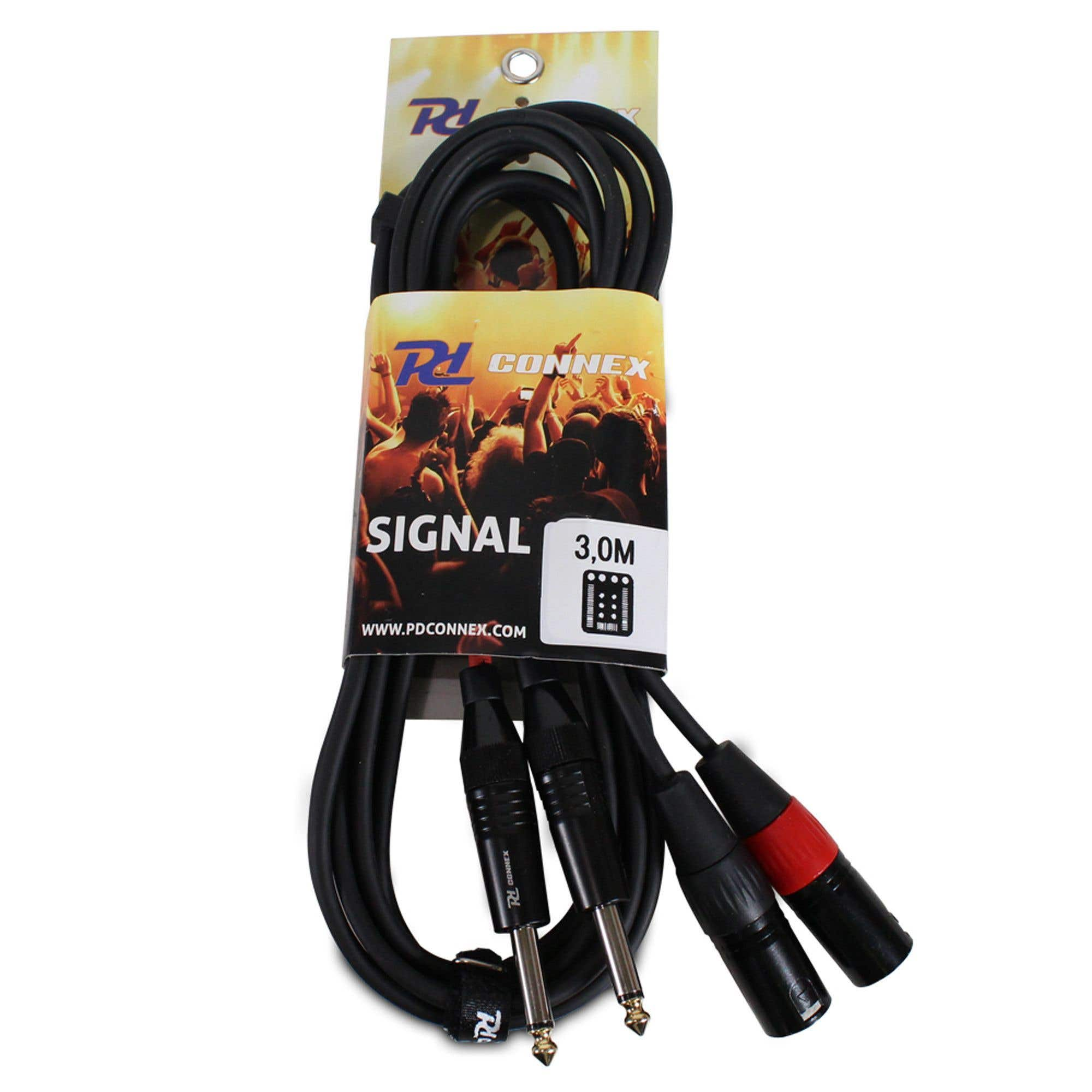 Cables de audio negros con múltiples conectores, empaquetados con una tarjeta con la etiqueta 'SIGNAL' y '3.0M'.