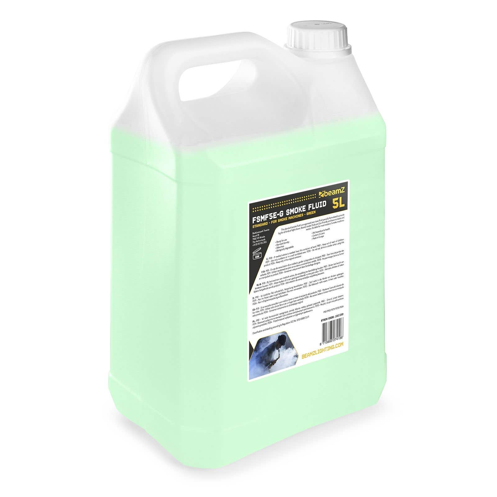 Un recipiente de plástico de líquido de humo verde, etiquetado FSMFSE-G, 5L y beamz.