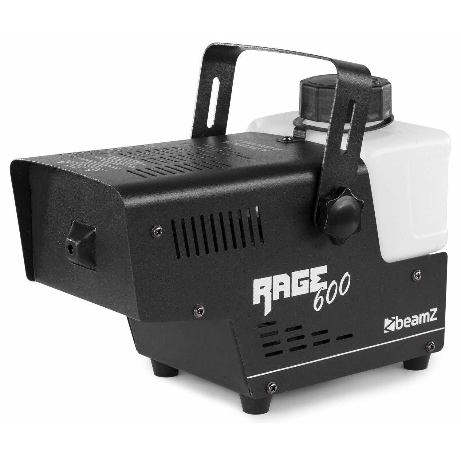 Una máquina de niebla en blanco y negro con asa y un depósito de agua blanco. La marca es 'beamz' y 'RAGE 600'.