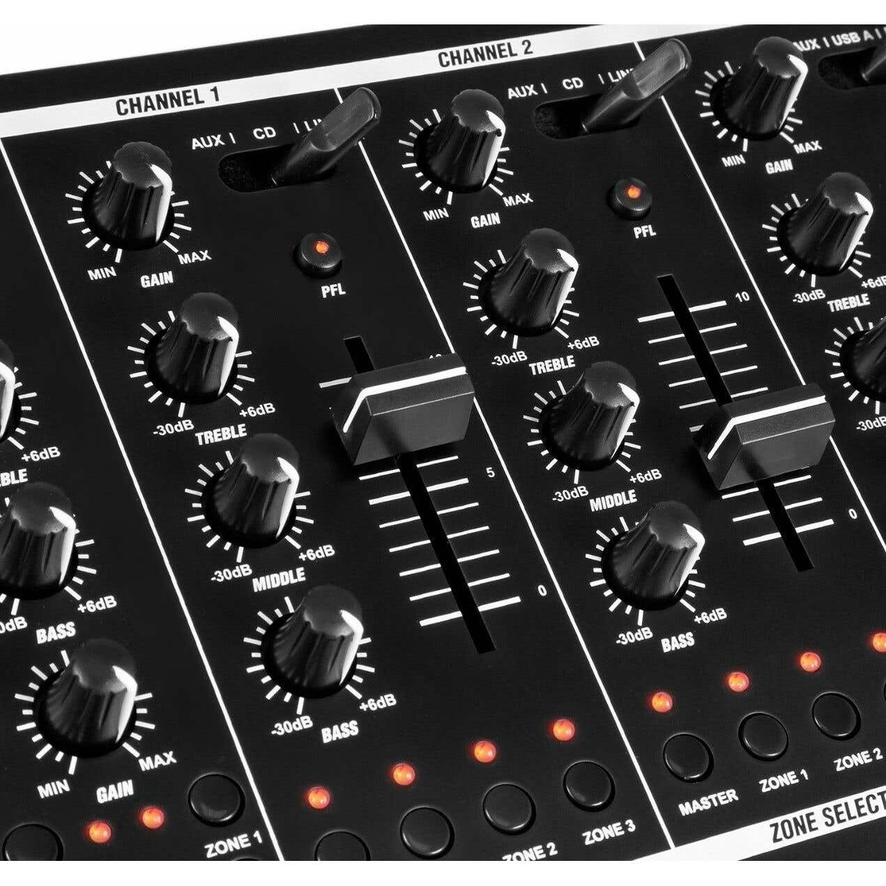 Primer plano de una mesa de mezclas de audio negra con perillas, controles deslizantes y botones para el control de canales y selección de zonas.