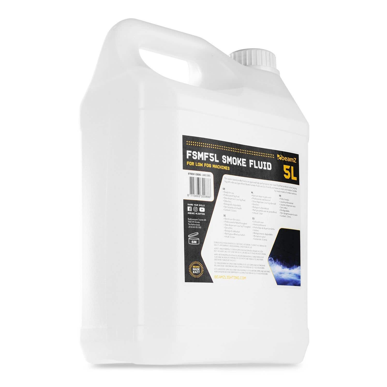 Un contenedor blanco de 5L de líquido de humo. El texto en la etiqueta dice 'FSMFSL SMOKE FLUID' y 'beamz'.