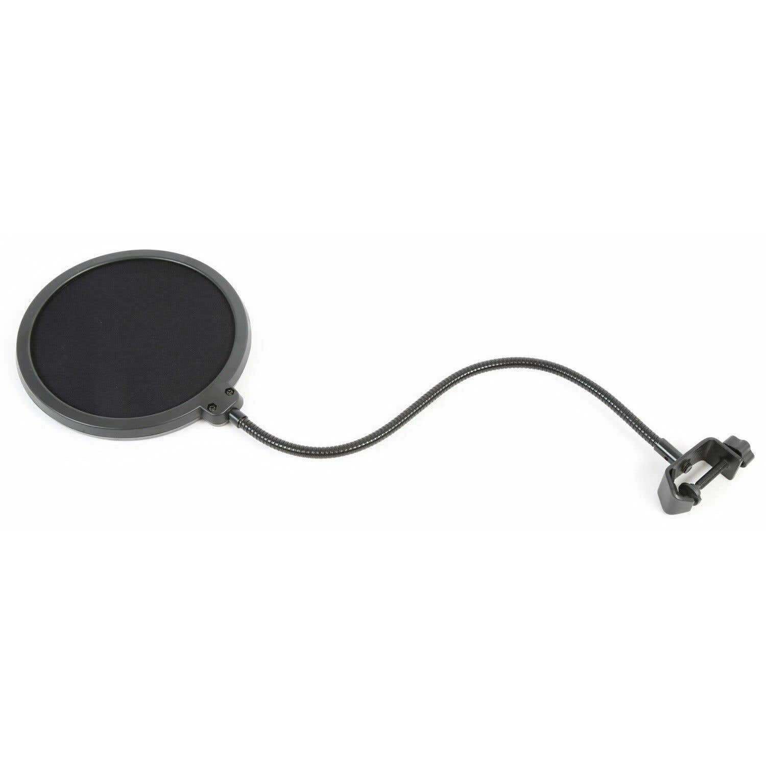 A black pop filter with a flexible arm and a clip on a white background. The filter is round and the arm is curved.