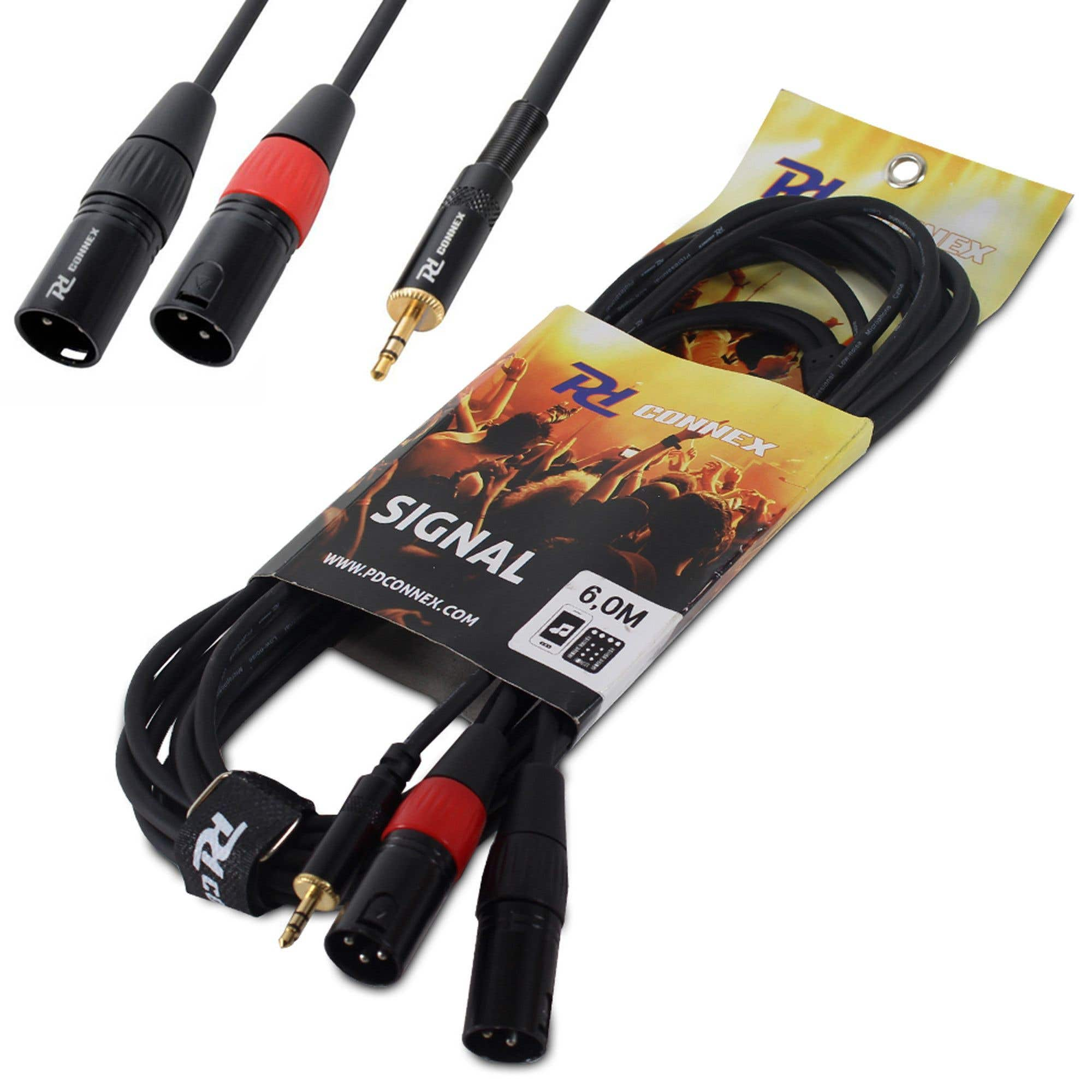 Cables de audio negros con detalles rojos y varios conectores, etiquetados como 'Signal'. Empaquetados en embalaje amarillo y negro con texto y logotipo.