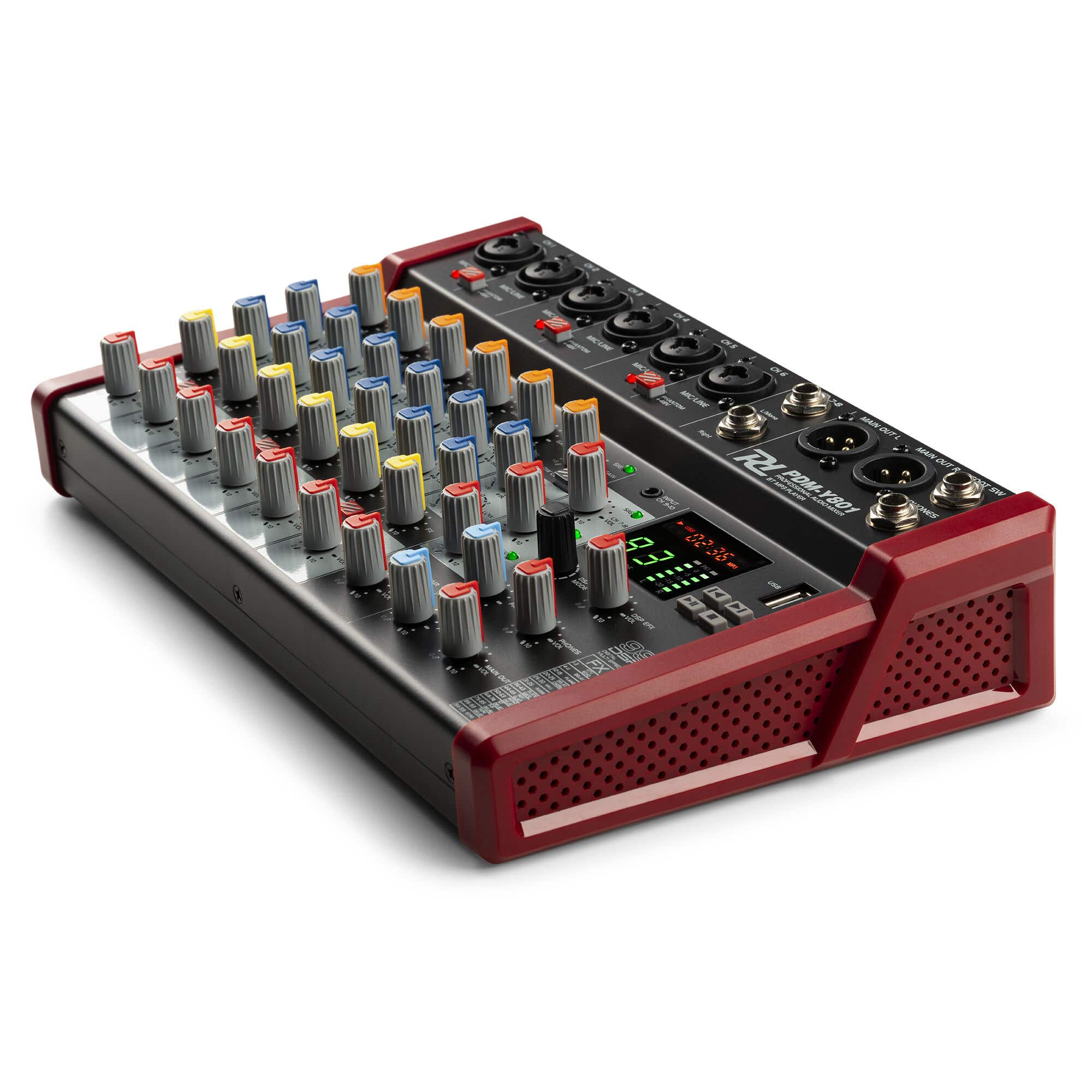 Una mesa de mezclas de audio negra y roja con muchas perillas y botones. Tiene una pantalla digital y múltiples entradas.