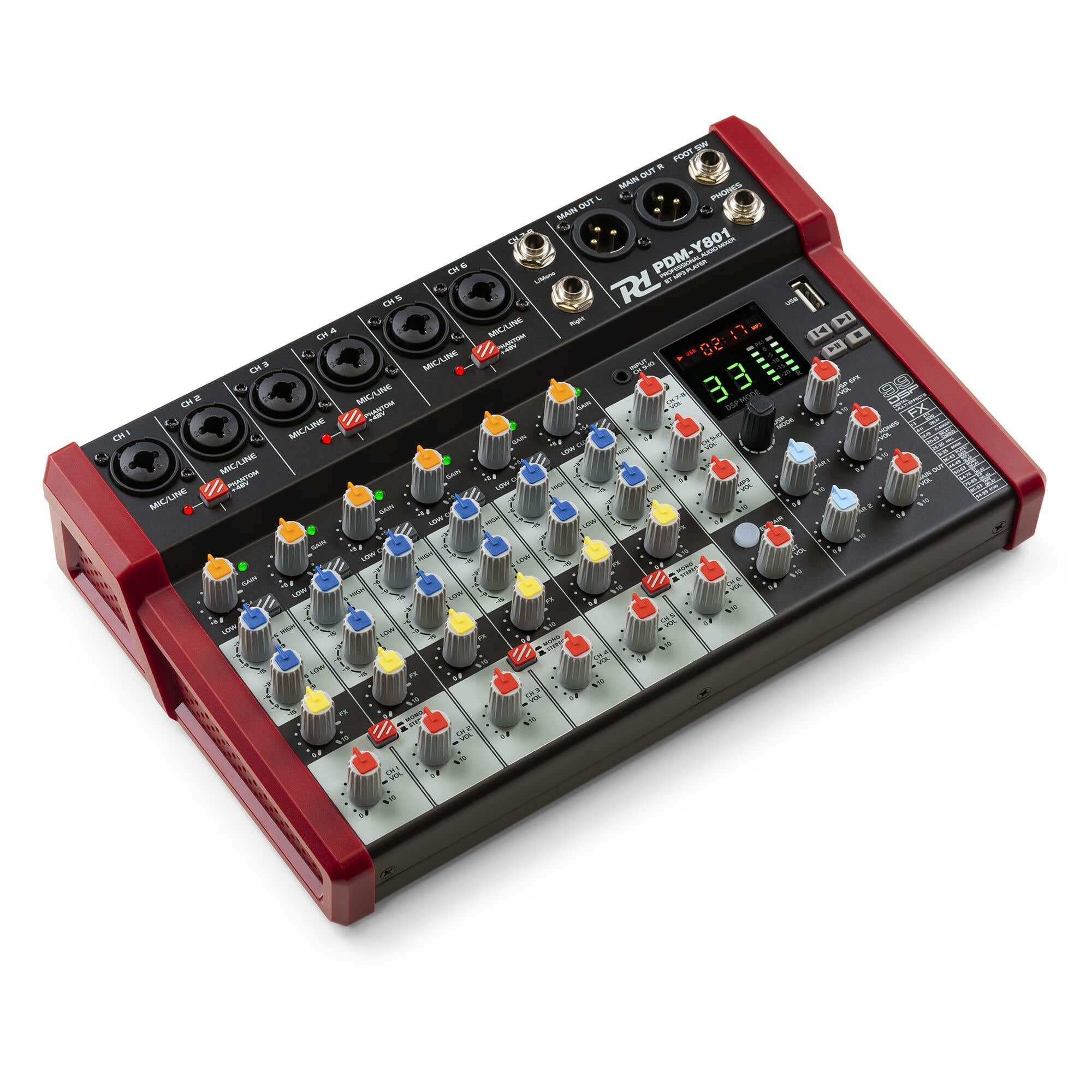 Una mesa de mezclas de audio roja y negra con perillas, botones y puertos, para mezclar y grabar sonido.