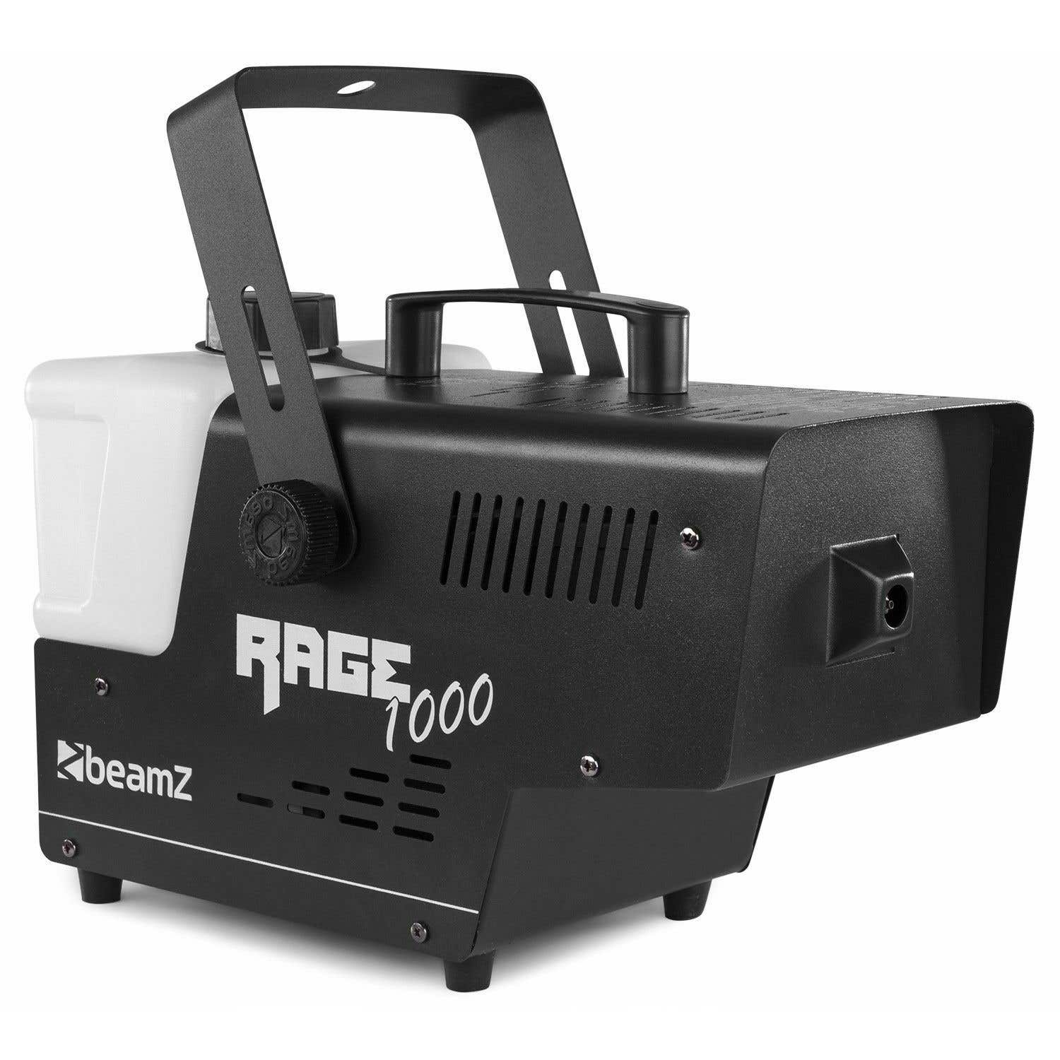 Una máquina de niebla Beamz Rage 1000 negra con asa y depósito blanco. Tiene el logotipo Beamz y Rage 1000 en el lateral.