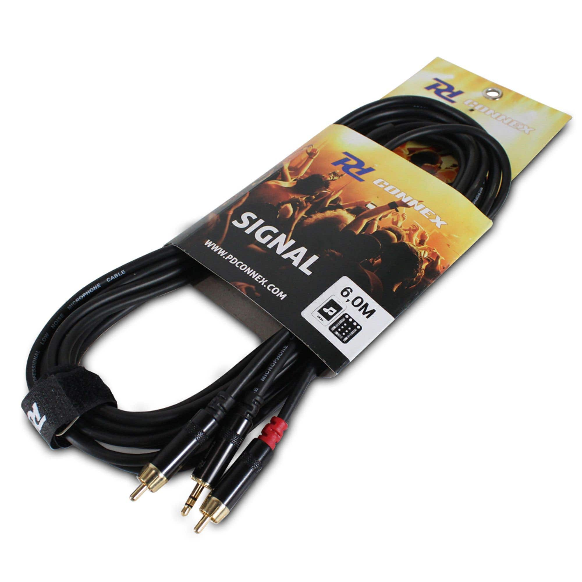Cable de micrófono negro con conectores dorados y rojos, empaquetado con etiqueta 'Signal', 6.0M de largo.