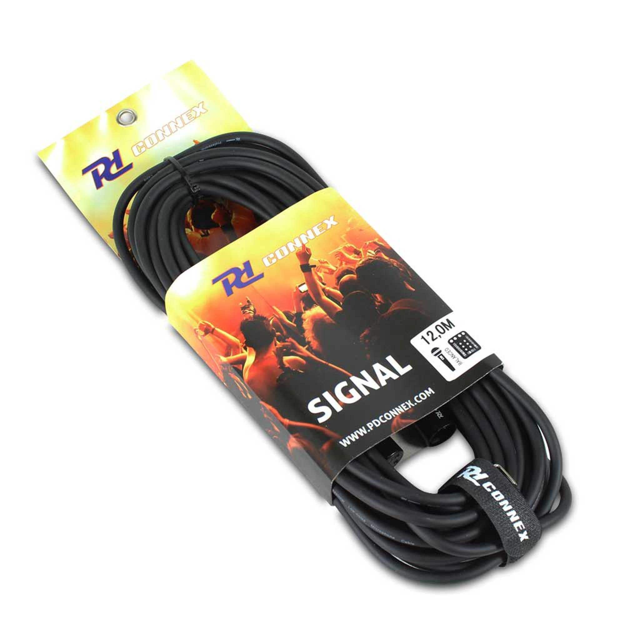 Cable de micrófono negro con etiqueta 'Signal', imagen de multitudes y marca 'RL CONNEX'. El cable mide 12,0 m.