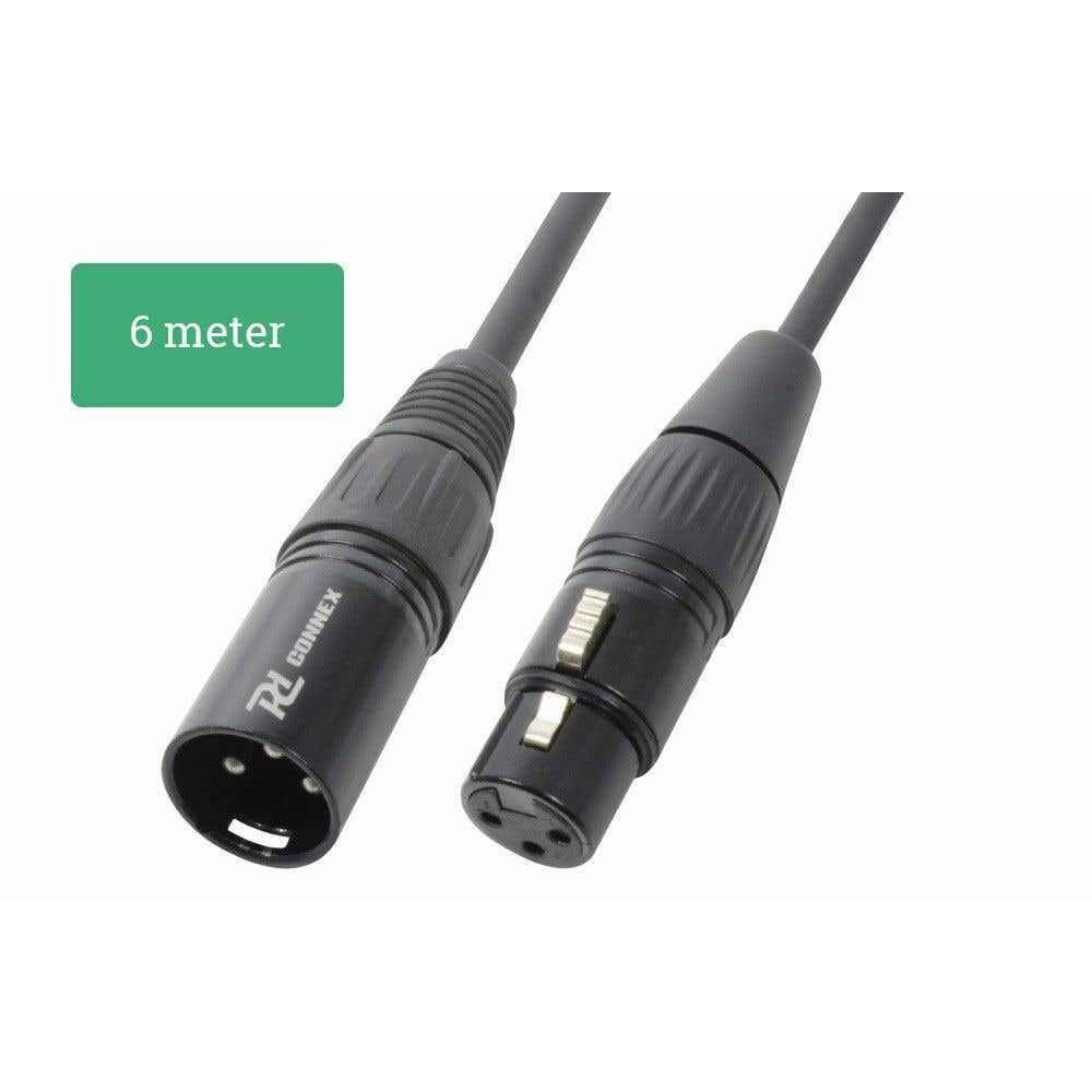 Cable de audio XLR negro con etiqueta '6 metros'. Los conectores son negros con pines plateados. Marca 'RL CONNEX' visible.