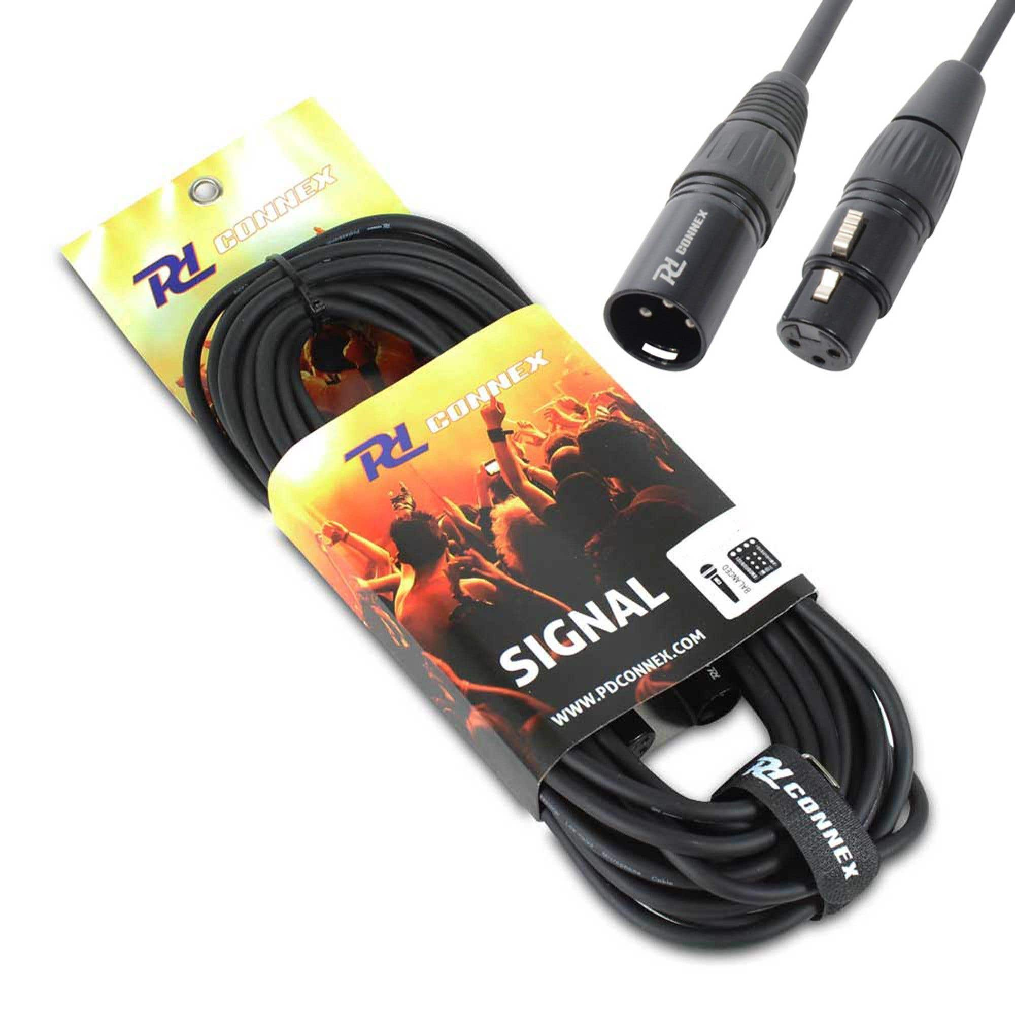 Cable XLR negro con conectores. El embalaje muestra una multitud en un concierto. Marca: PL Connex. Fondo blanco.