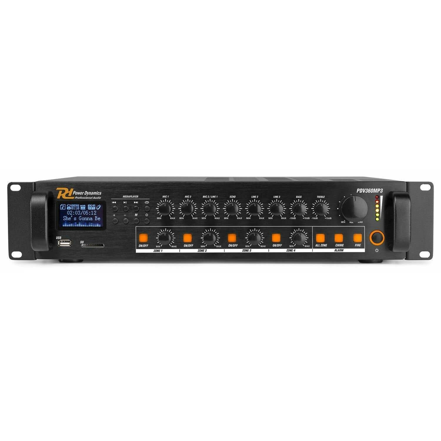 Dispositivo de audio negro Power Dynamics PDV360MP3 con perillas, botones y pantalla con información de la pista.