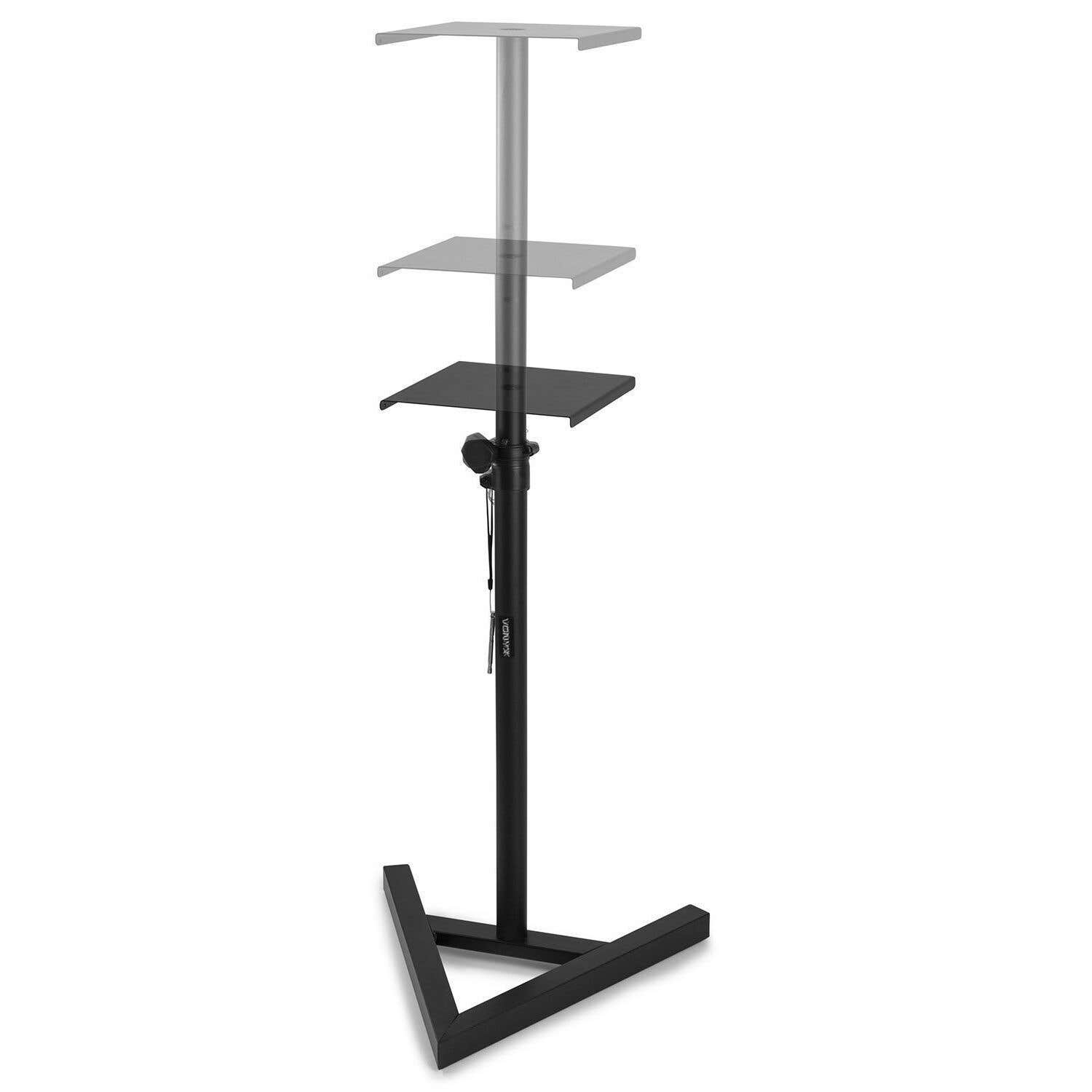 Soporte negro con tres estantes a diferentes alturas. El soporte tiene una base triangular y un poste vertical.