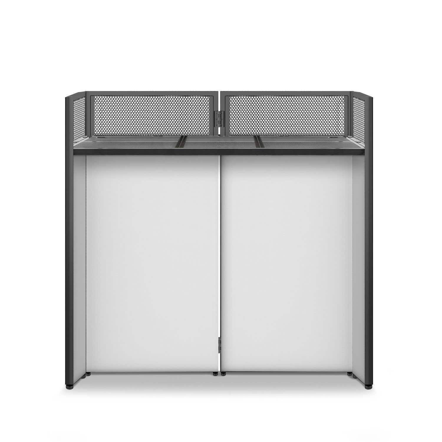 Un armario moderno gris y blanco con una parte superior de metal perforado y dos puertas blancas.