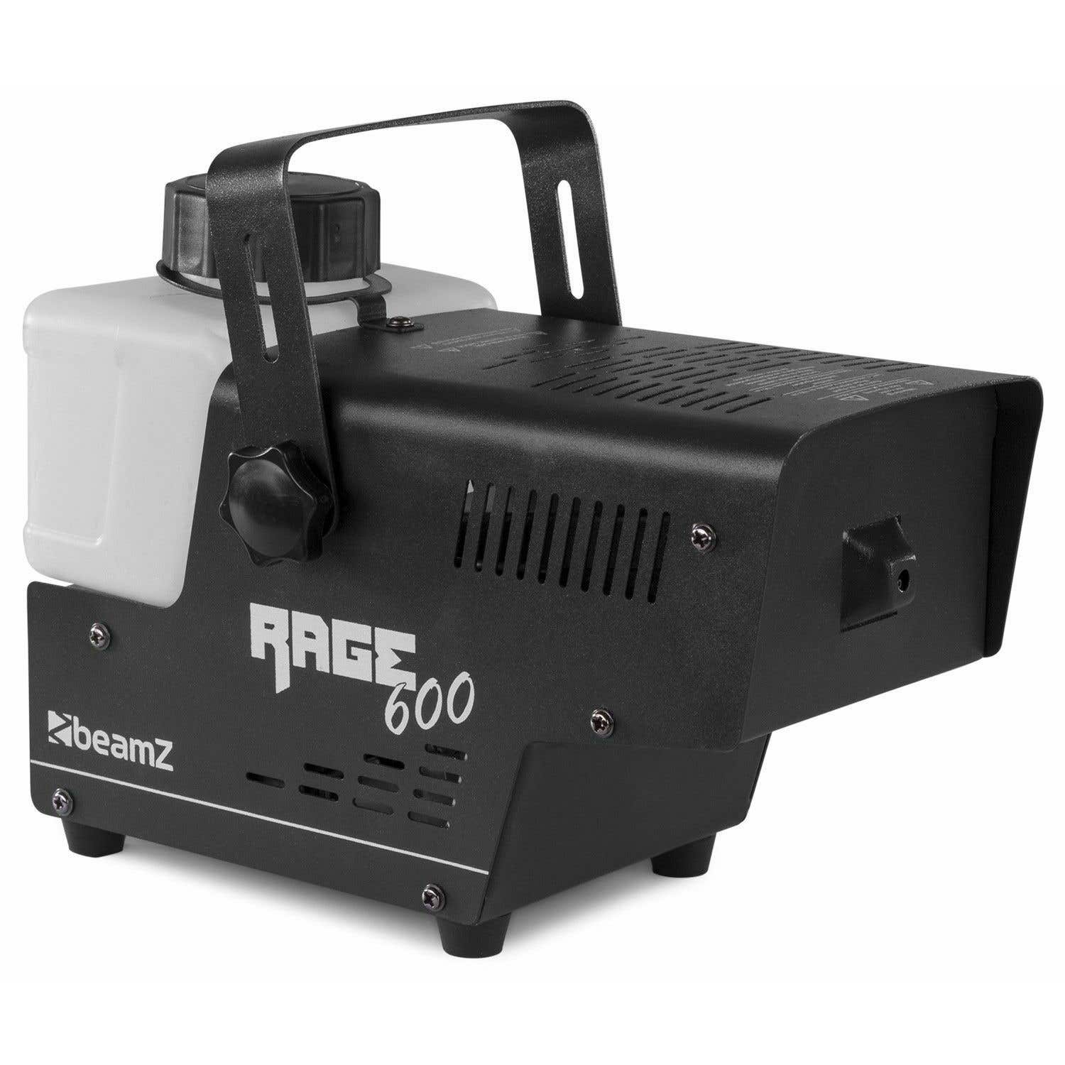 Una máquina de niebla en blanco y negro con asa, un contenedor de líquido transparente y el texto 'RAGE 600' al frente.