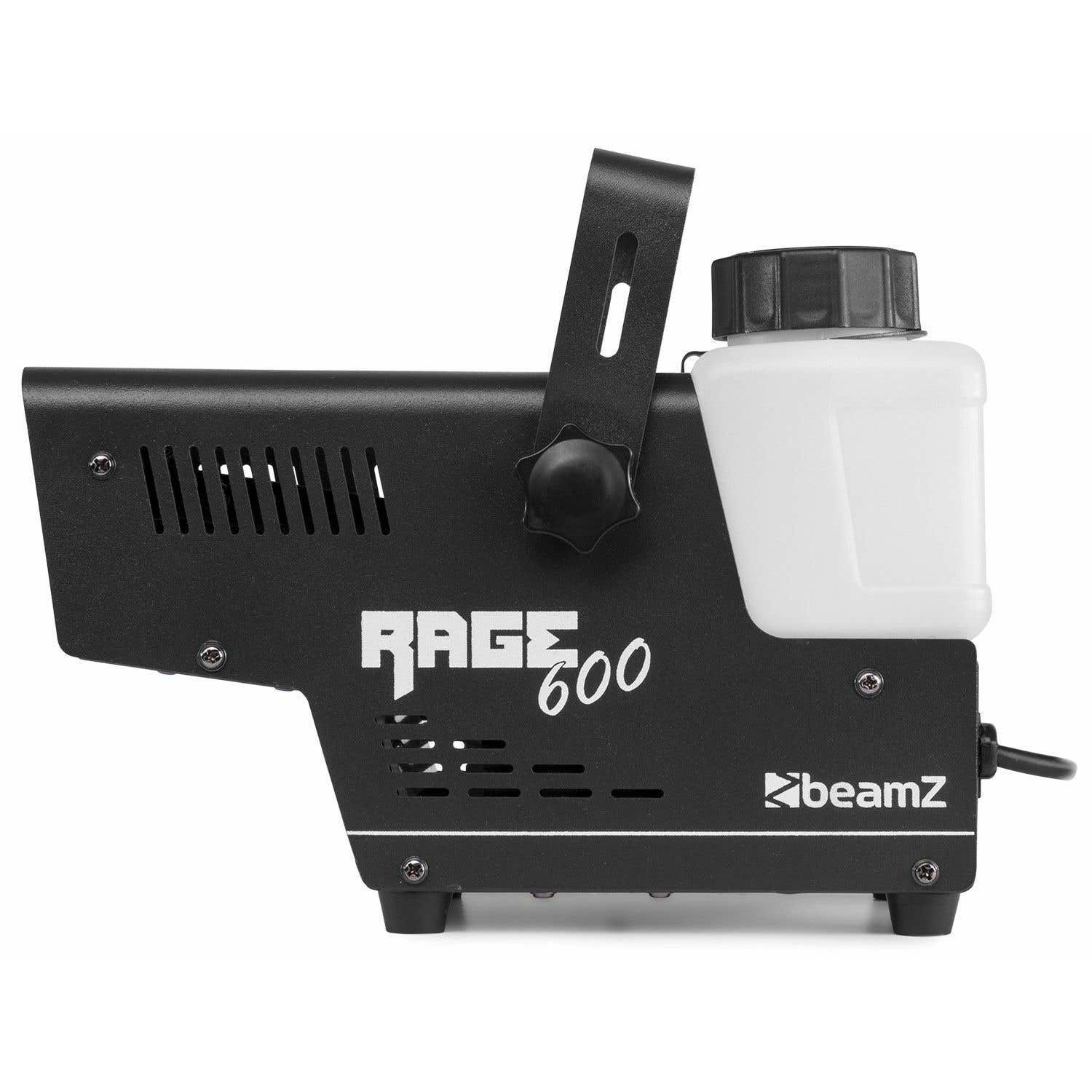 Máquina de niebla Rage 600 negra con depósito de líquido blanco y asa negra. La marca Beamz es visible.