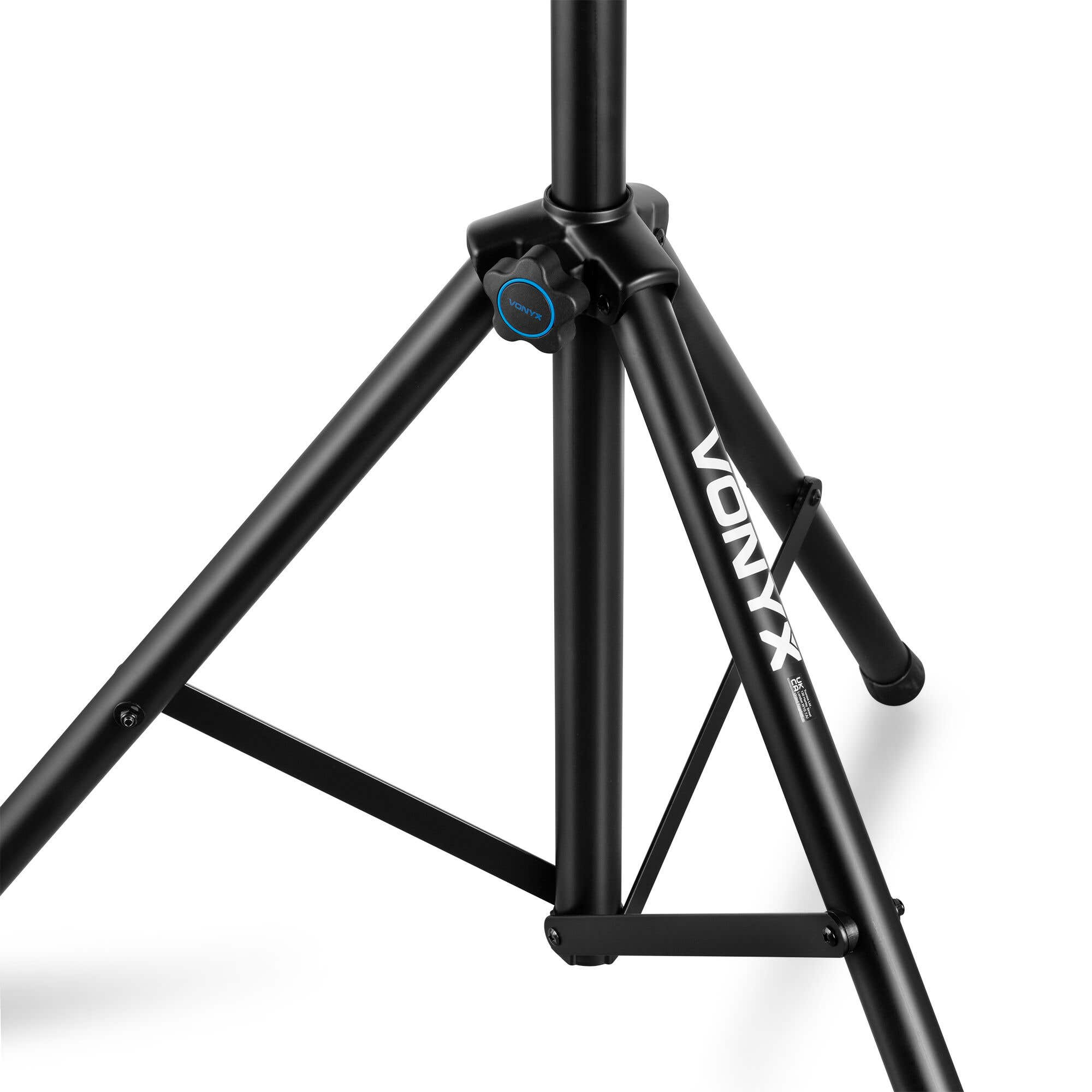 Trípode metálico negro con el logo 'VONYX'. El soporte tiene una perilla azul y está sobre un fondo blanco.