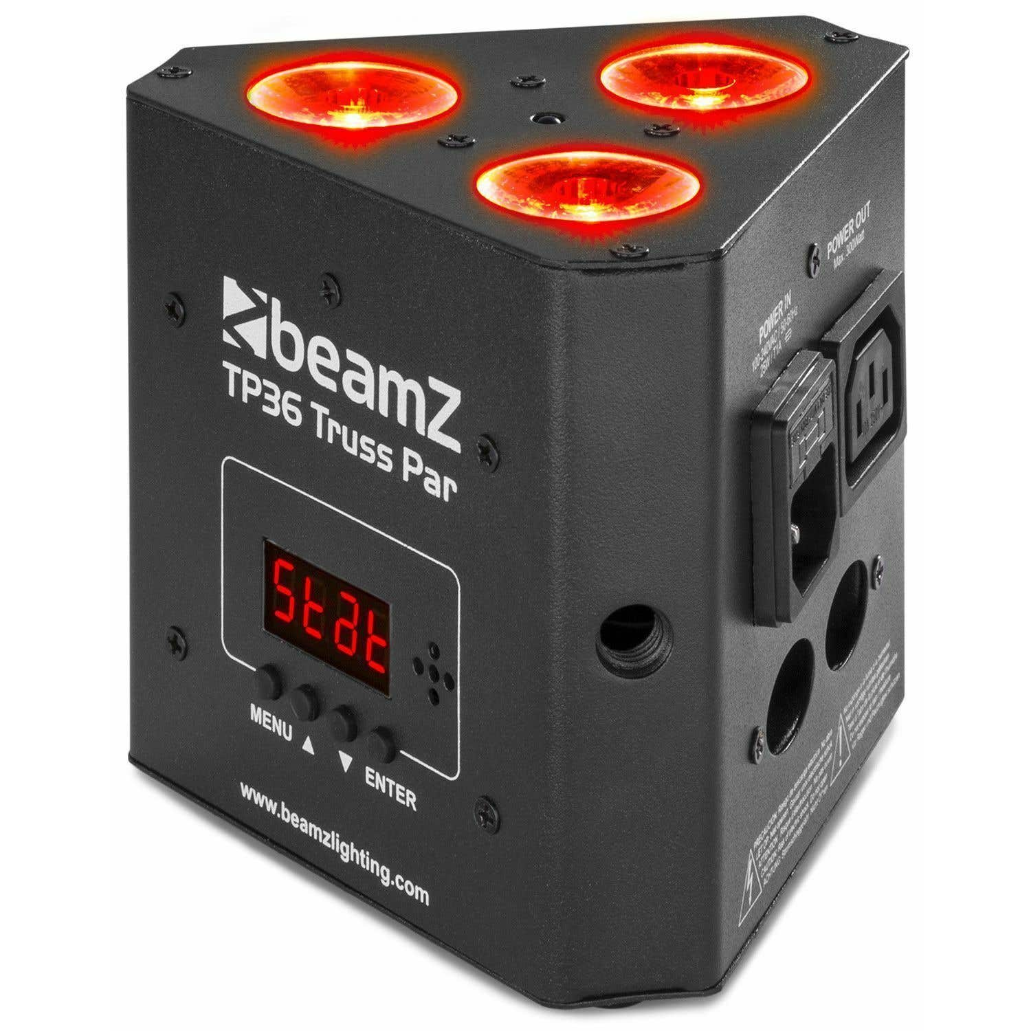 Una luz Beamz TP36 Truss Par negra con luces rojas arriba, una pantalla digital y puertos de entrada/salida de energía.