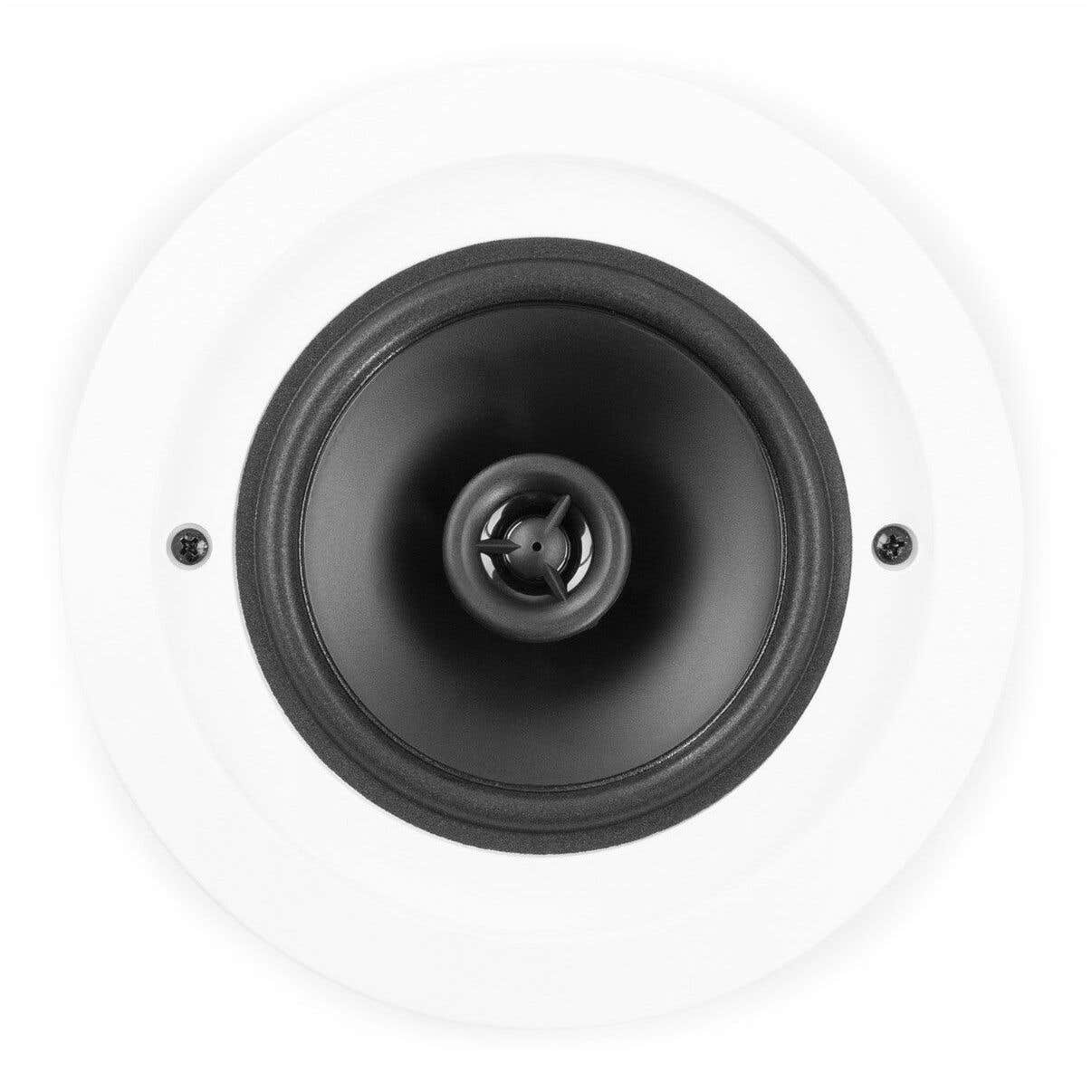 Primer plano de un altavoz blanco con centro negro. El altavoz tiene un diseño circular con un altavoz negro y dos tornillos.