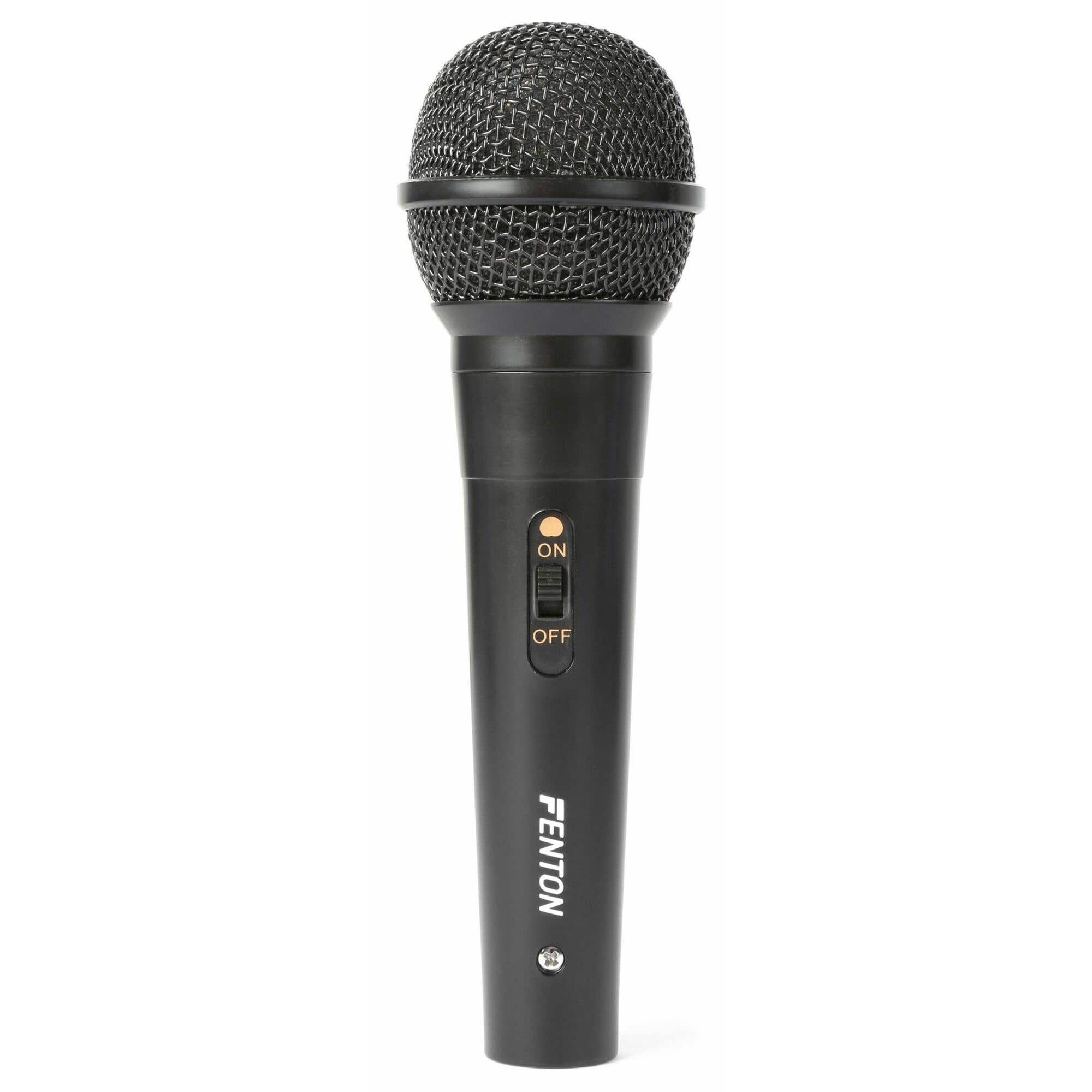 A black Fenton microphone. It has a mesh head and a cylindrical body with an on/off switch. The background is white.