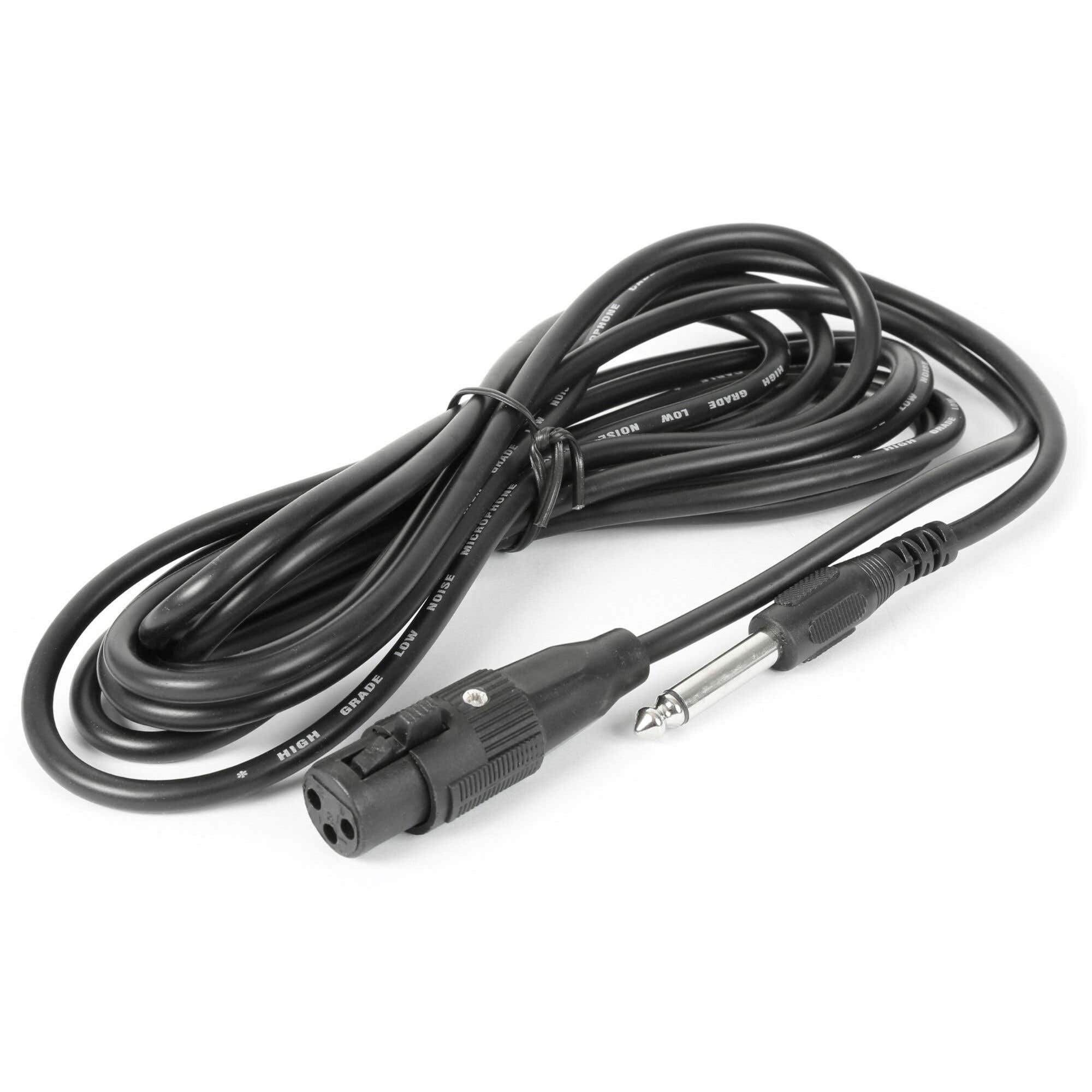 Black audio cable with male XLR connector and a 1/4 inch jack on a white background.