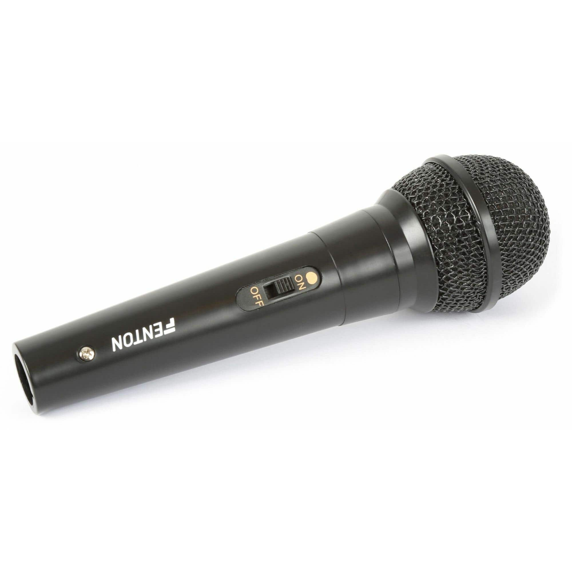 A black Fenton microphone with a wire mesh head and an on/off switch, angled on a white background.
