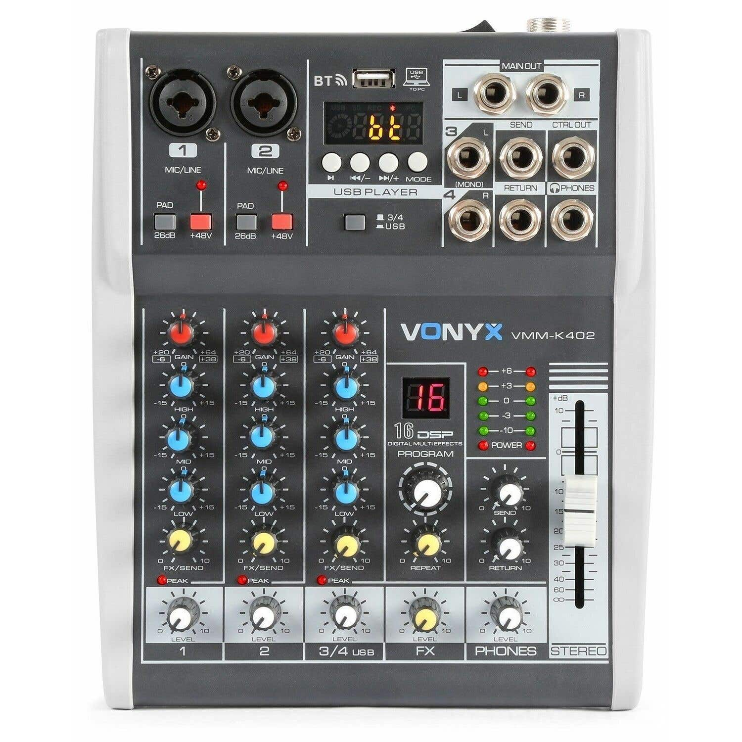 Un mezclador de audio Vonyx VMM-K402 con varias perillas, botones y entradas. Tiene una pantalla digital y un indicador de encendido.