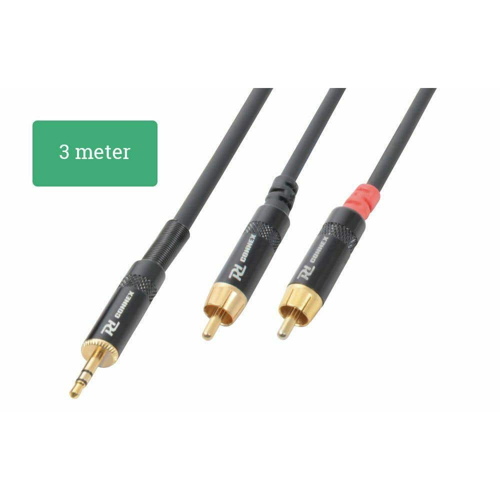 Tres cables de audio etiquetados RL CONNEX, letrero de 3 metros. Un cable tiene un conector rojo. Fondo blanco.