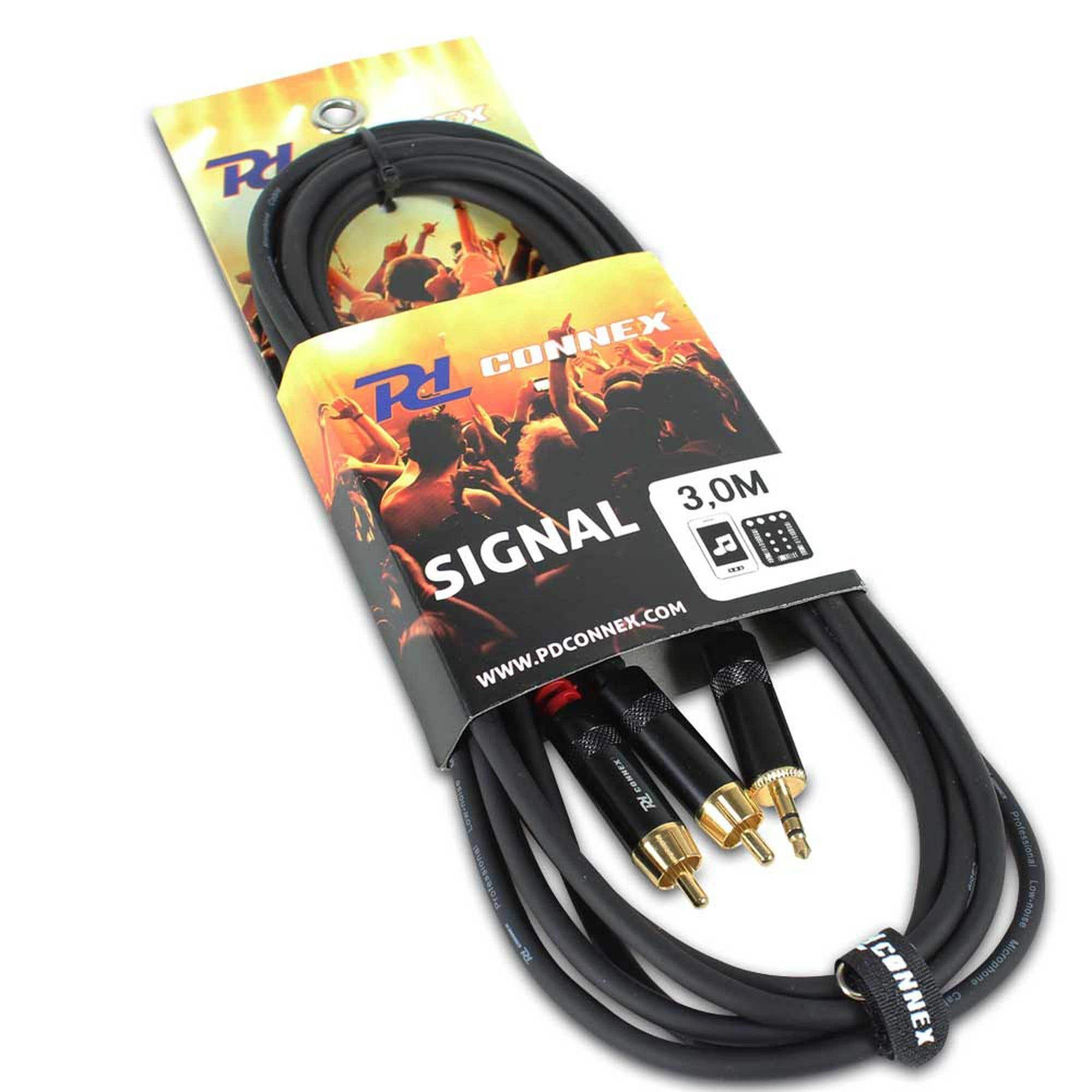 Cable de audio negro con conectores dorados y rojos, empaquetado. El paquete muestra una escena de concierto y el logo 'CONNEX'.