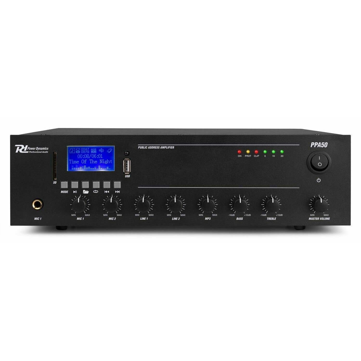 Amplificador PPA50 negro de Power Dynamics. Tiene una pantalla con información de audio y varios botones para control.