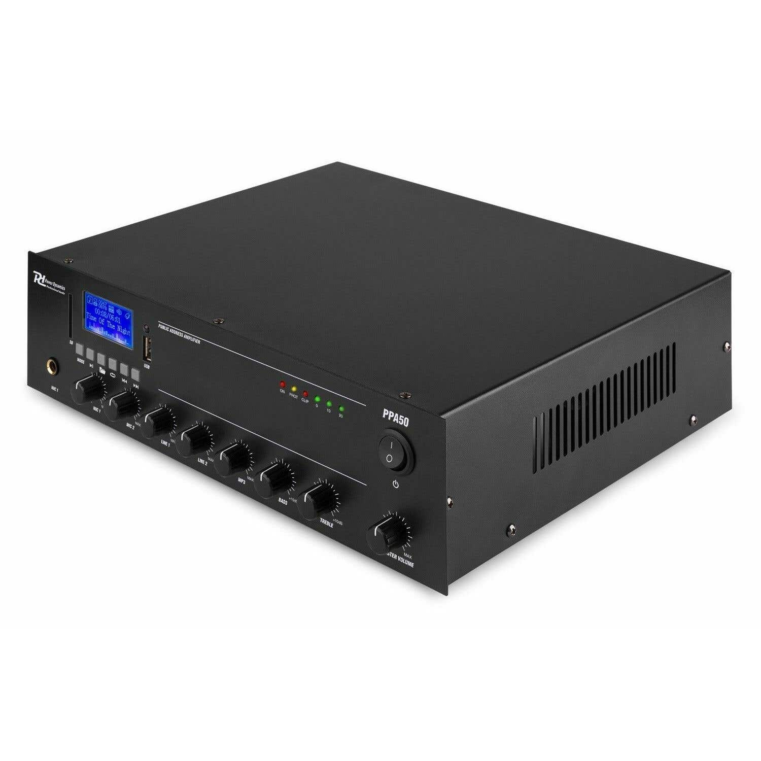 Amplificador de audio negro con perillas, botones y pantalla. Etiquetado con texto como 'Bajos' y 'Agudos'. Muestra 'Time Of The Night'.