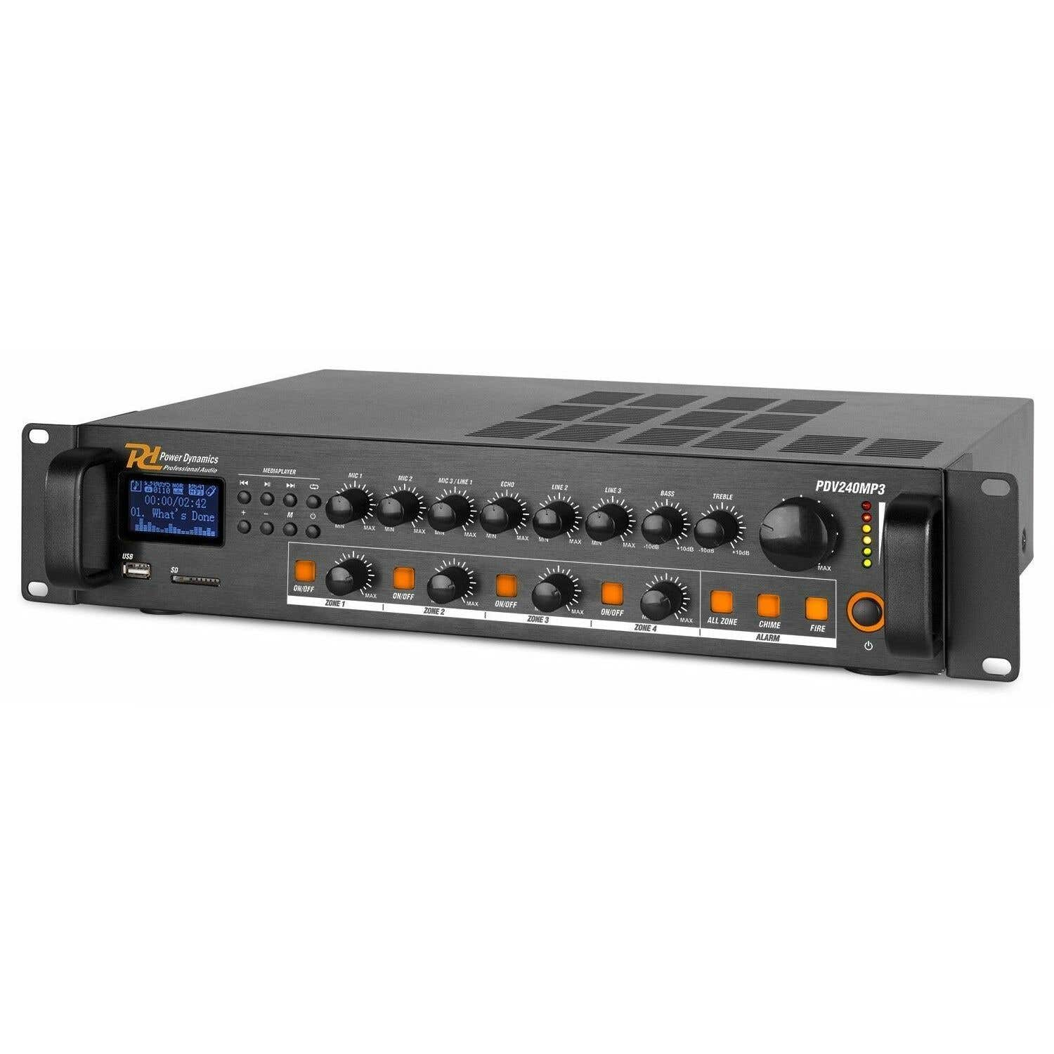 Un mezclador de audio negro con múltiples perillas, botones y una pantalla. Tiene controles de encendido y zona, con etiquetas como 'Mic' y 'Bass'.