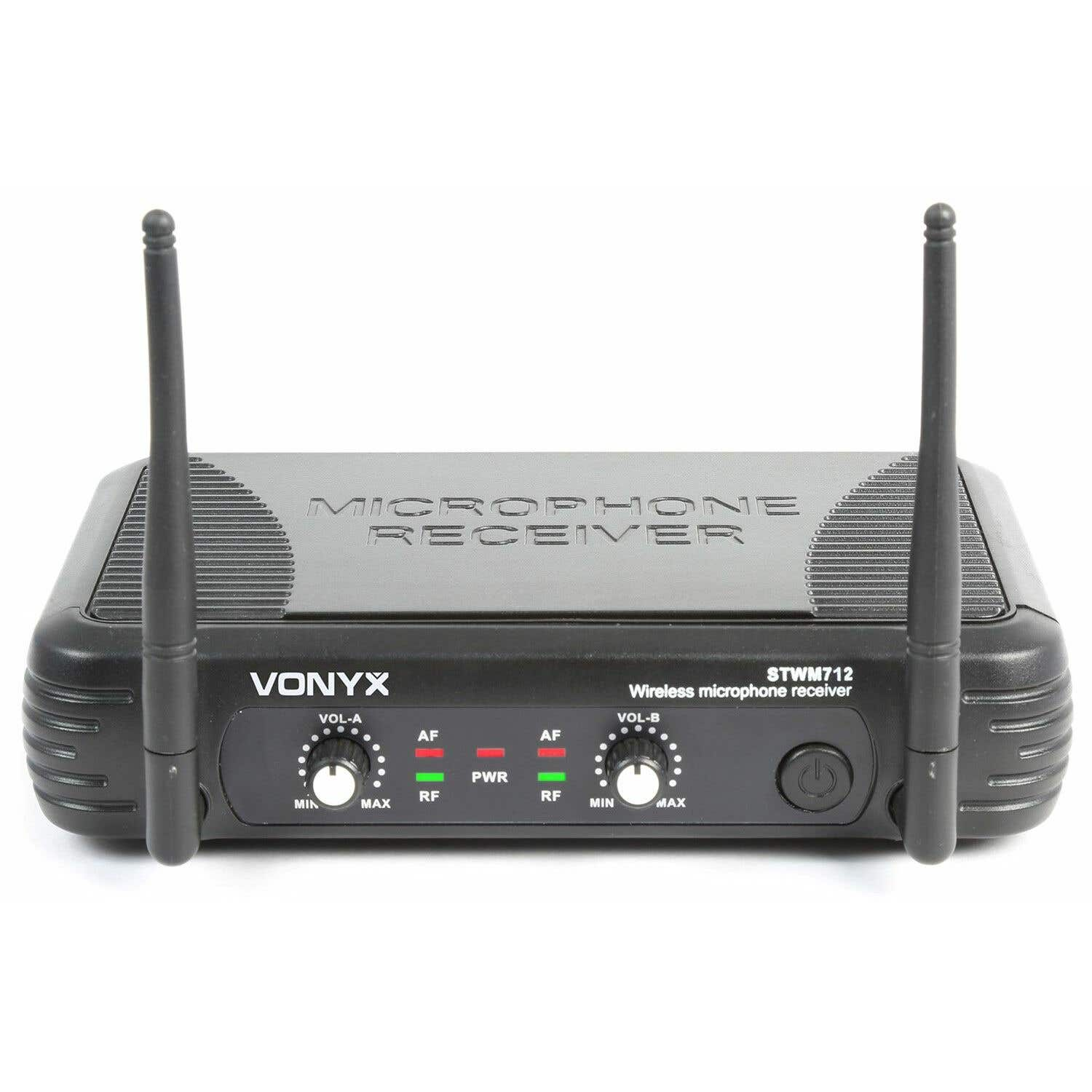 Black Vonyx wireless microphone receiver with two antennas. It has volume controls, indicator lights, and a power button.