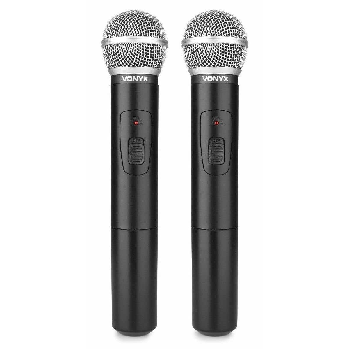 Two black Vonyx microphones with silver mesh heads. Each has a power button and volume control. Background is white.