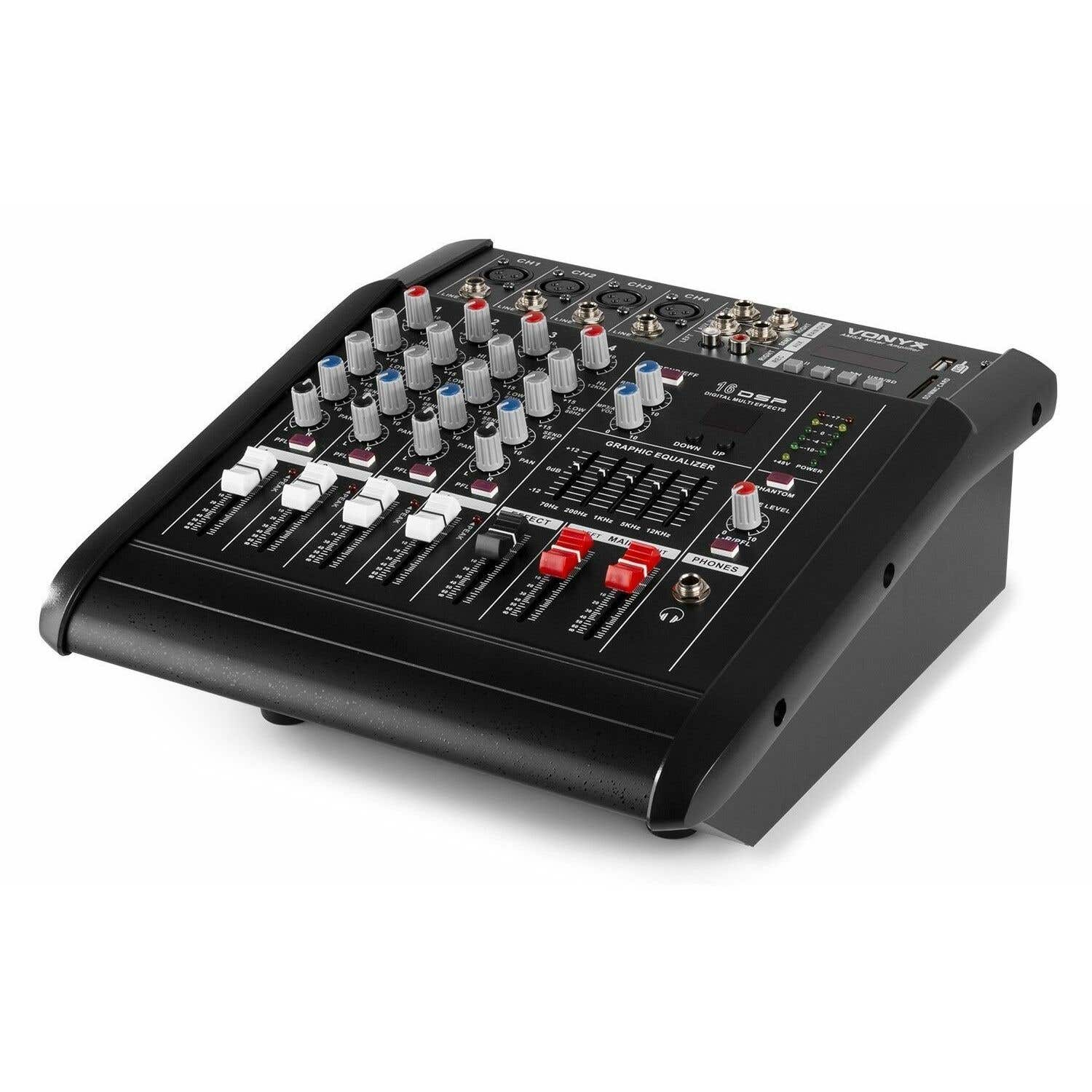 Mezclador de audio negro con perillas, controles deslizantes y botones. Contiene ecualizador gráfico, alimentación fantasma y controles de nivel.