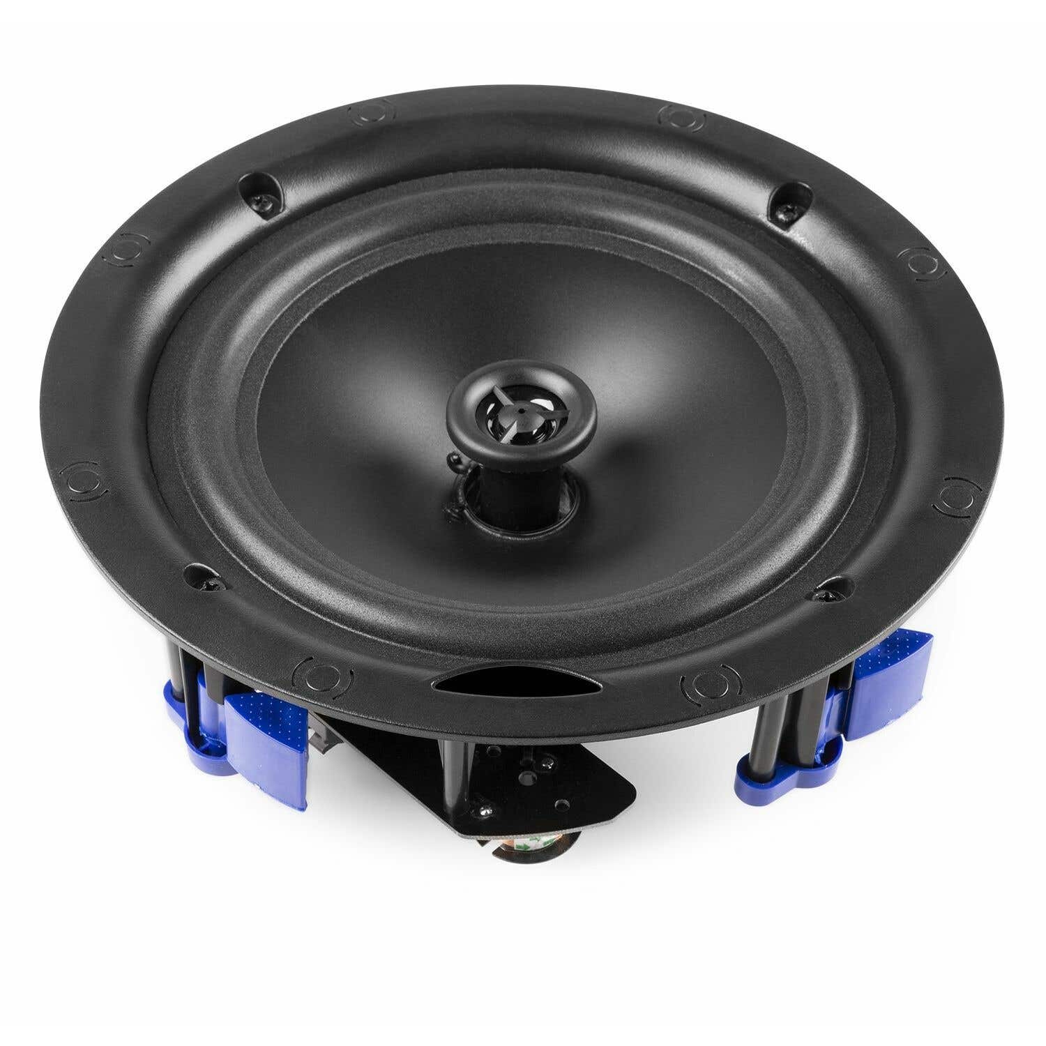 Un altavoz redondo negro con un cono central y soportes de montaje azules. El altavoz está sobre un fondo blanco.