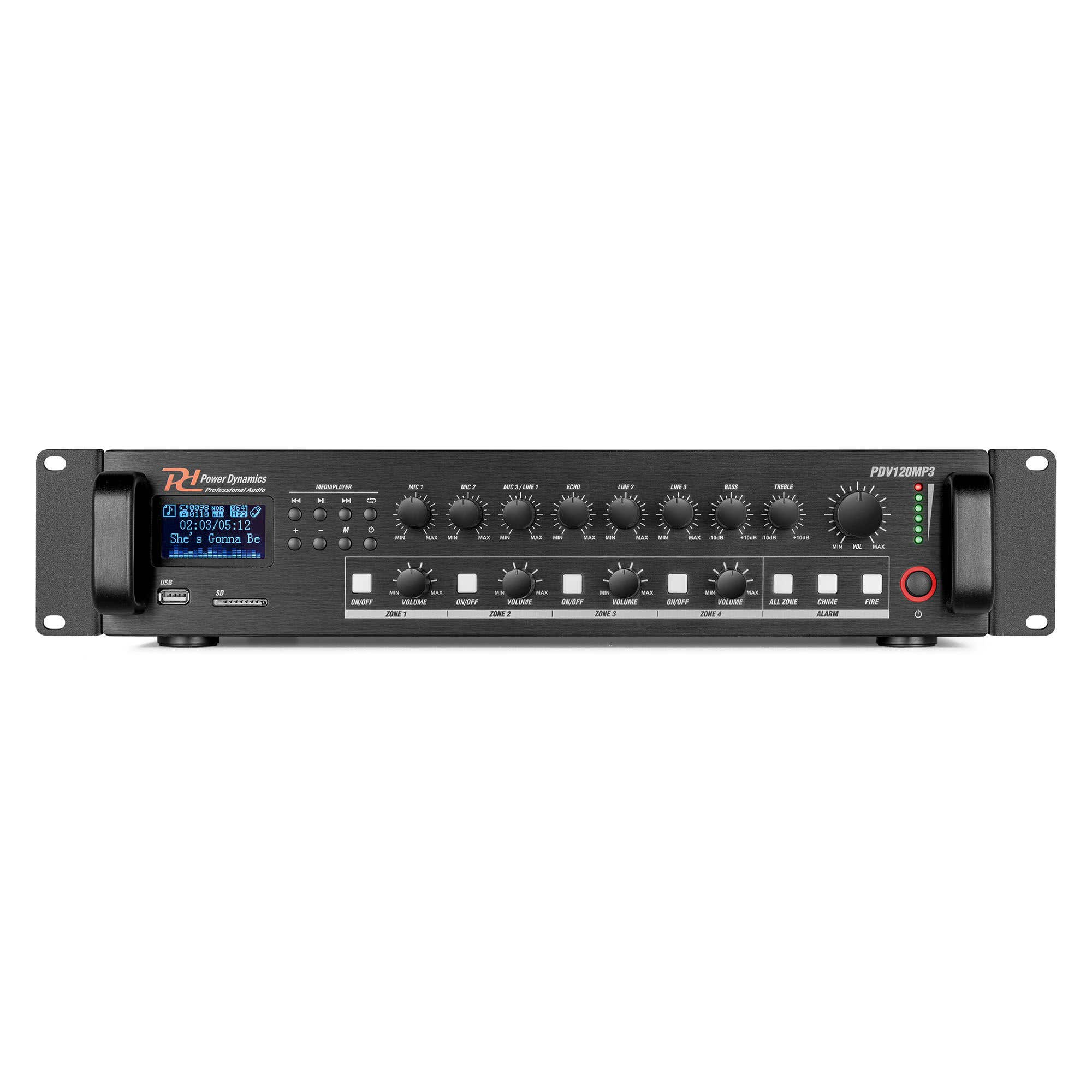 Mezclador de audio negro con botones, perillas y pantalla. Incluye controles de volumen, opciones de entrada y botones de encendido.