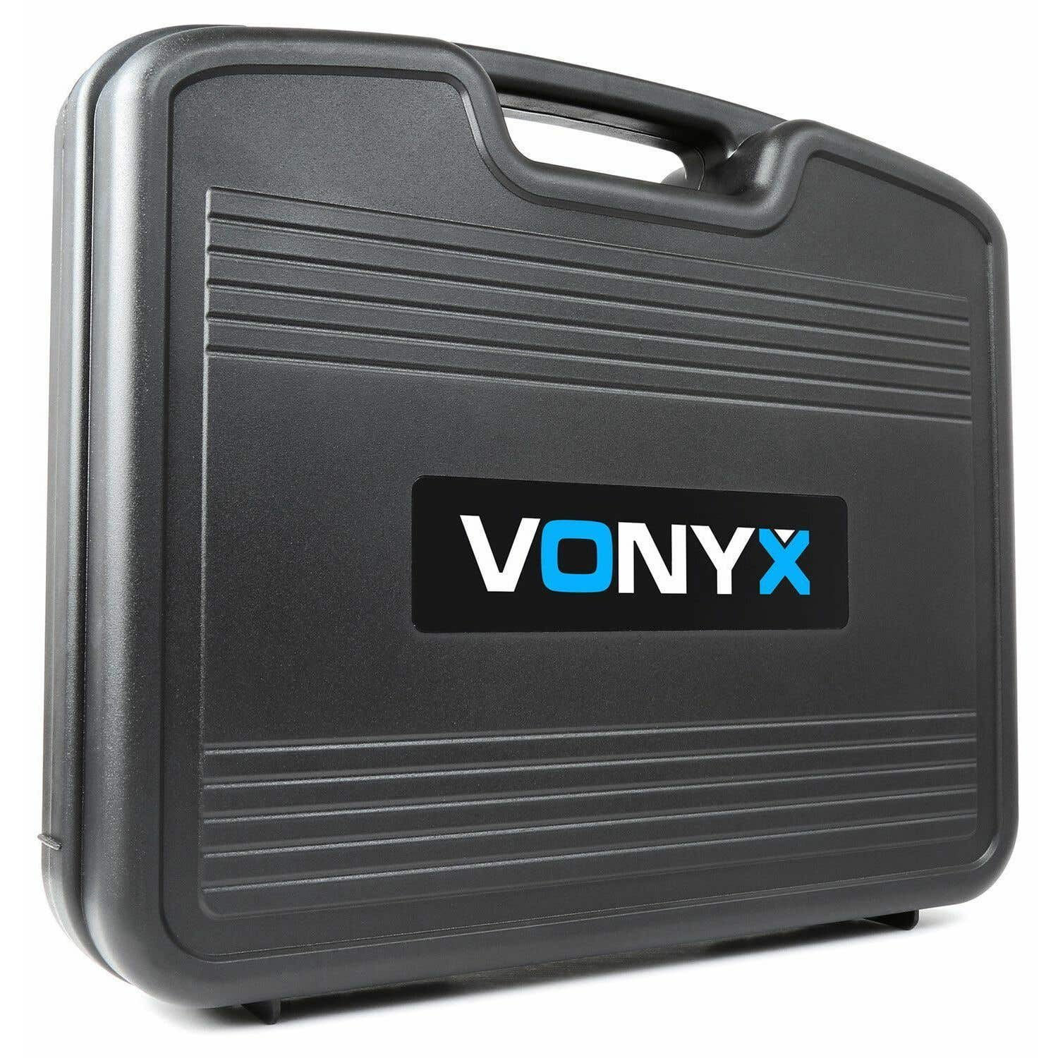 A black carrying case with the brand name 'VONYX' on it. The case has a handle, and horizontal lines across the front.