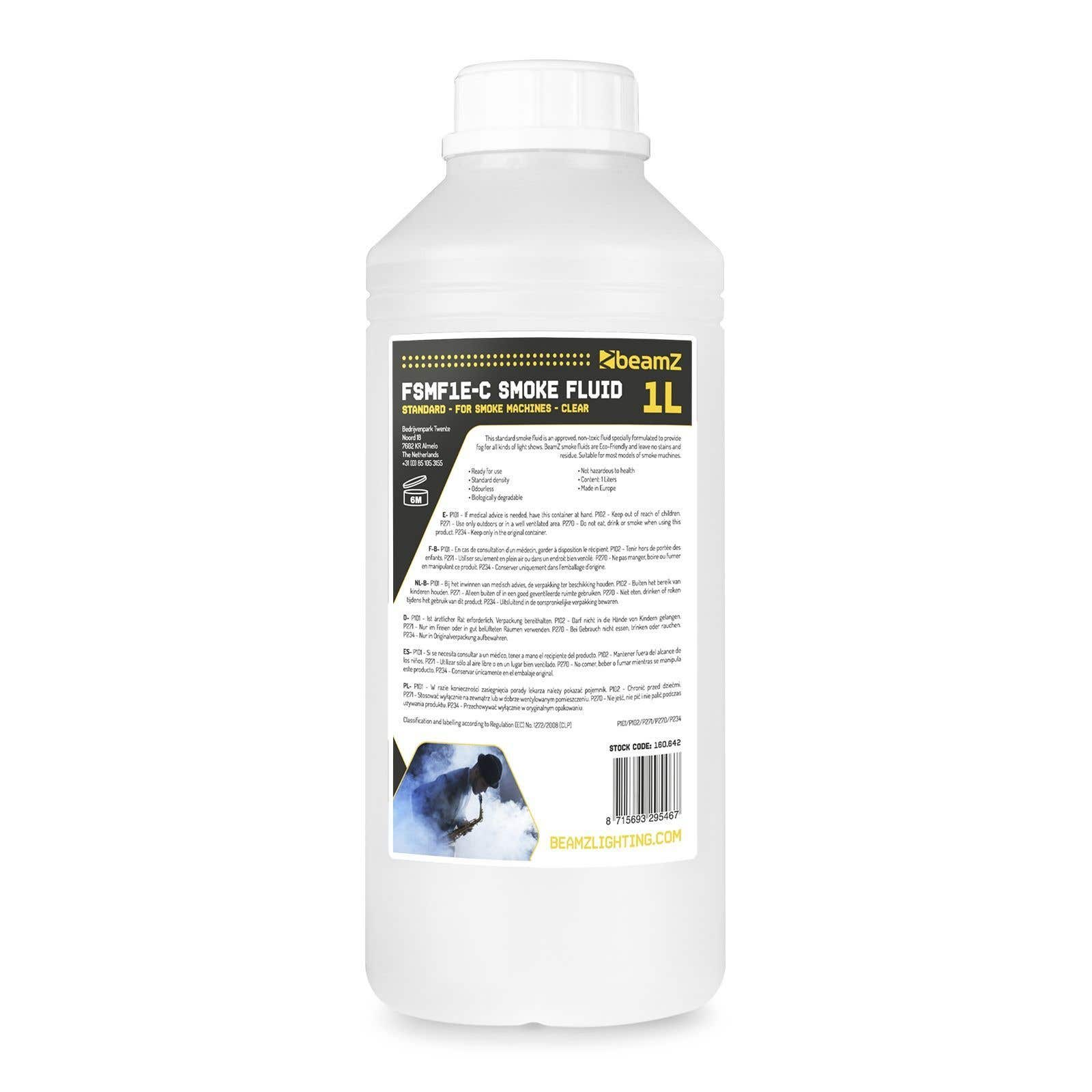 Botella transparente de líquido para humo con etiquetas blancas y negras, detalles del producto y 1L.