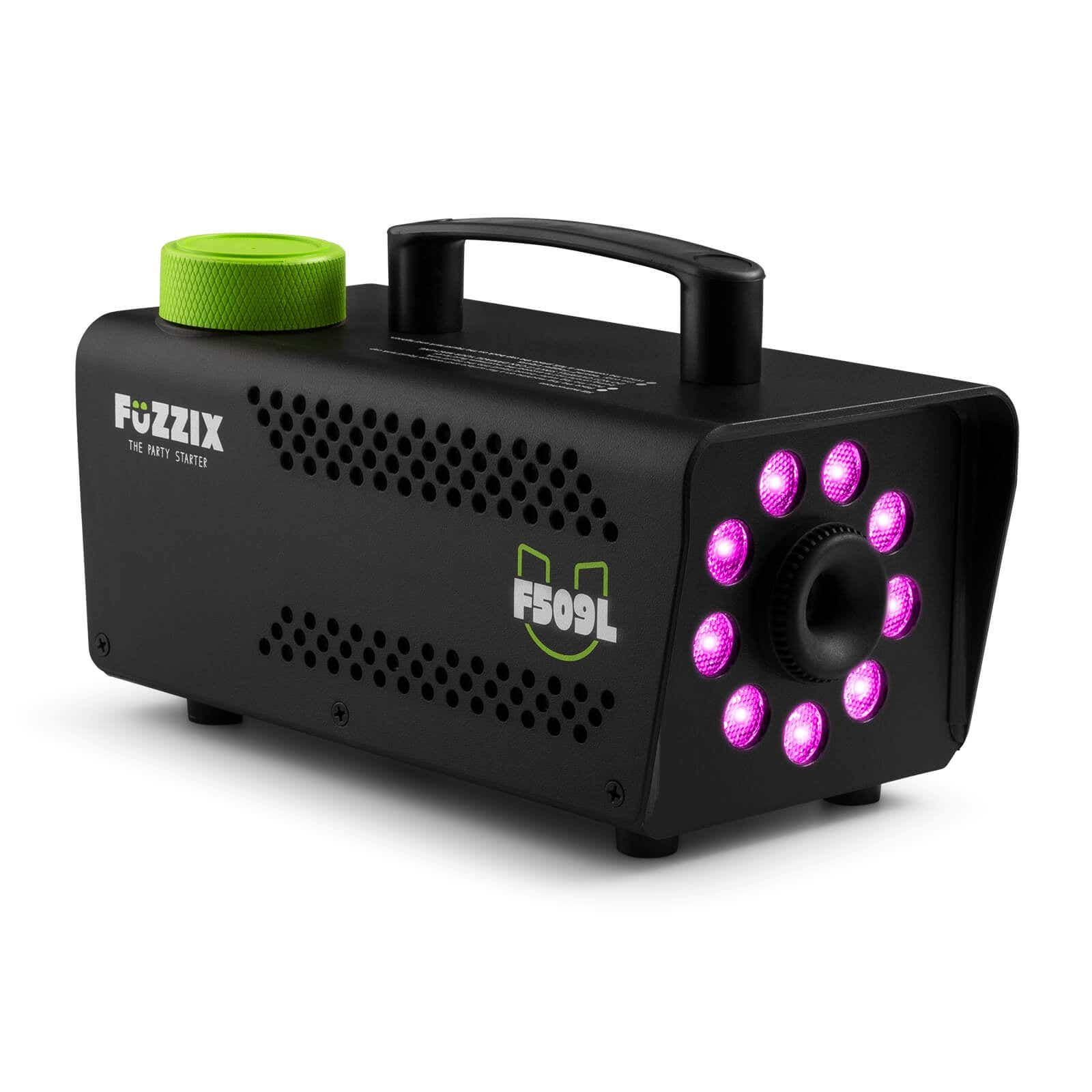 Arrancador de fiesta Fuzzix negro con tapa verde, asa y luces moradas. El modelo es F509L.