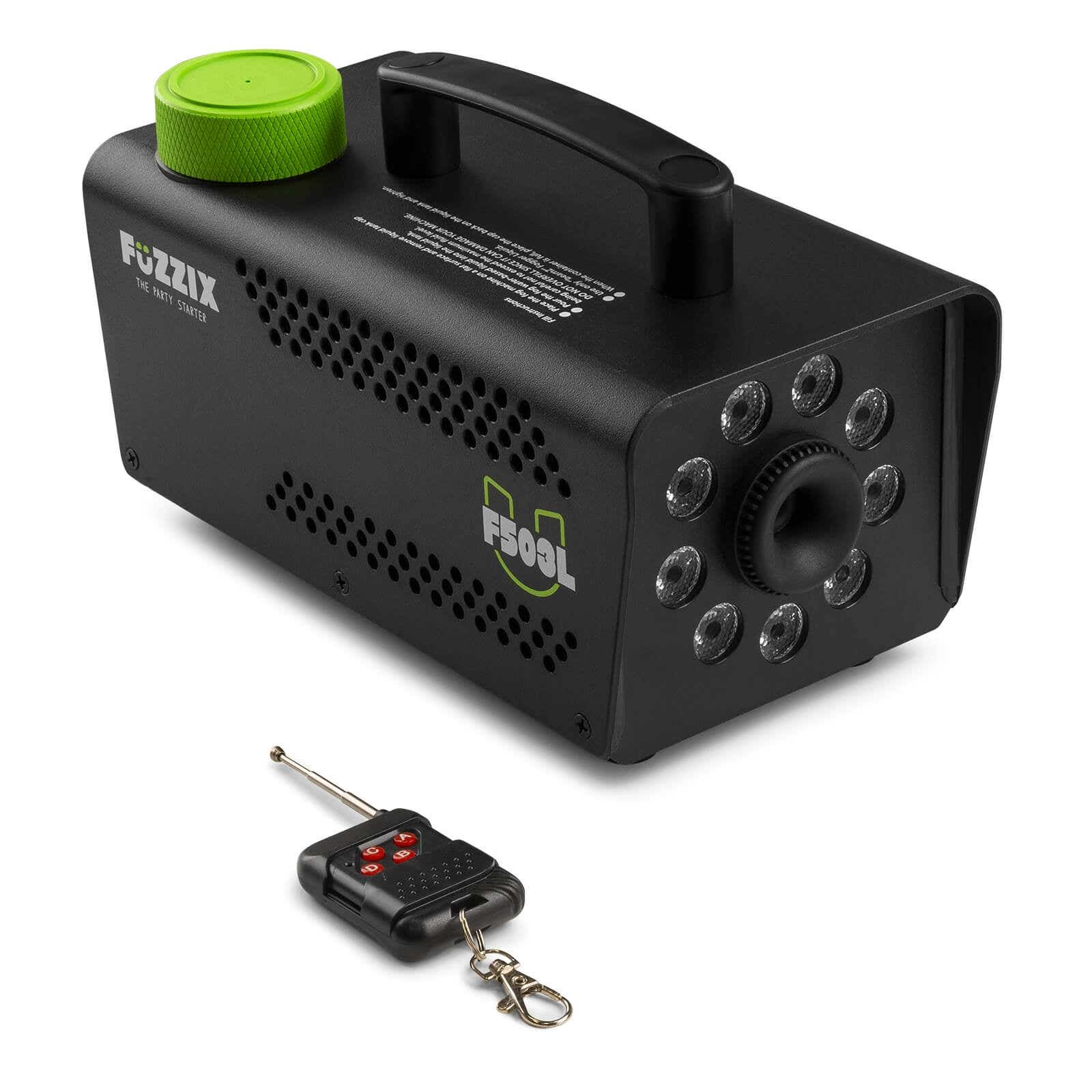 Una máquina de niebla Fuzzix negra con tapa verde y mando a distancia.