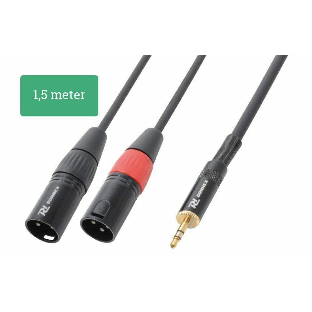 Tres cables de audio negros con diferentes conectores. Uno tiene un anillo rojo. Una caja verde dice 1,5 metros. Fondo blanco.