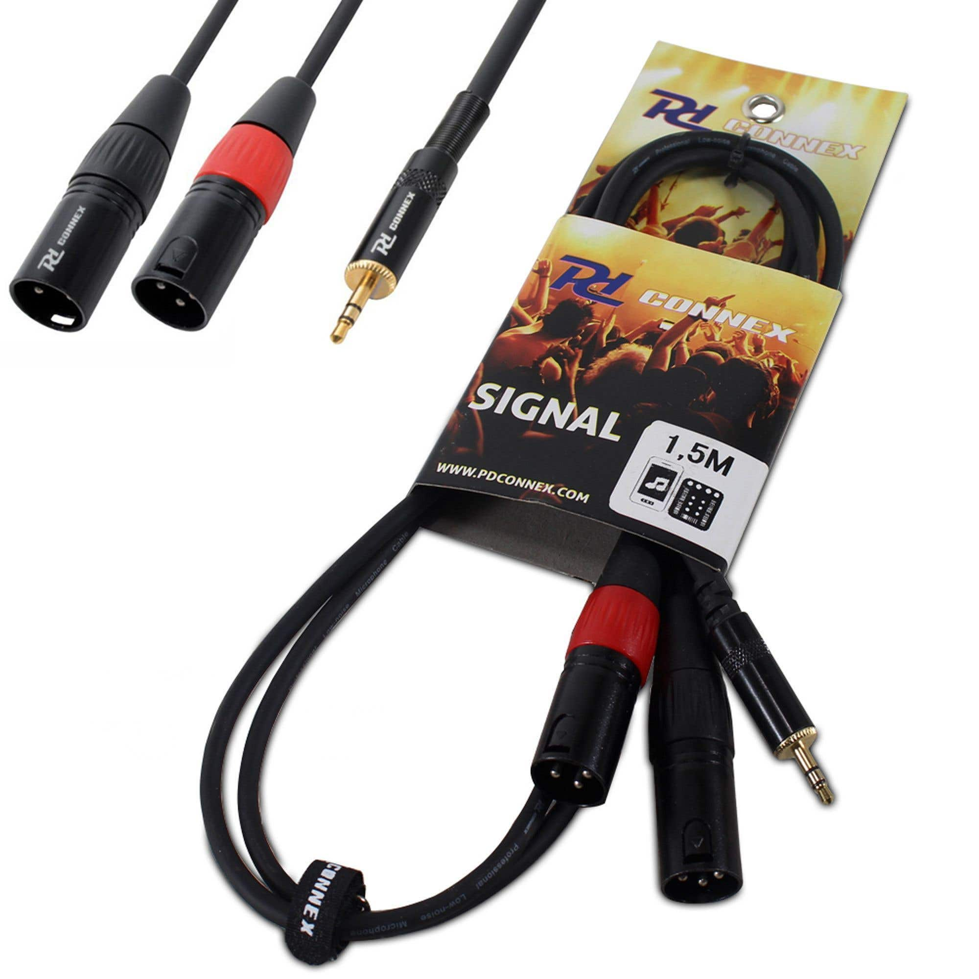 Un cable de audio negro con detalles rojos, conectores y un paquete con la marca 'CONNEX'.