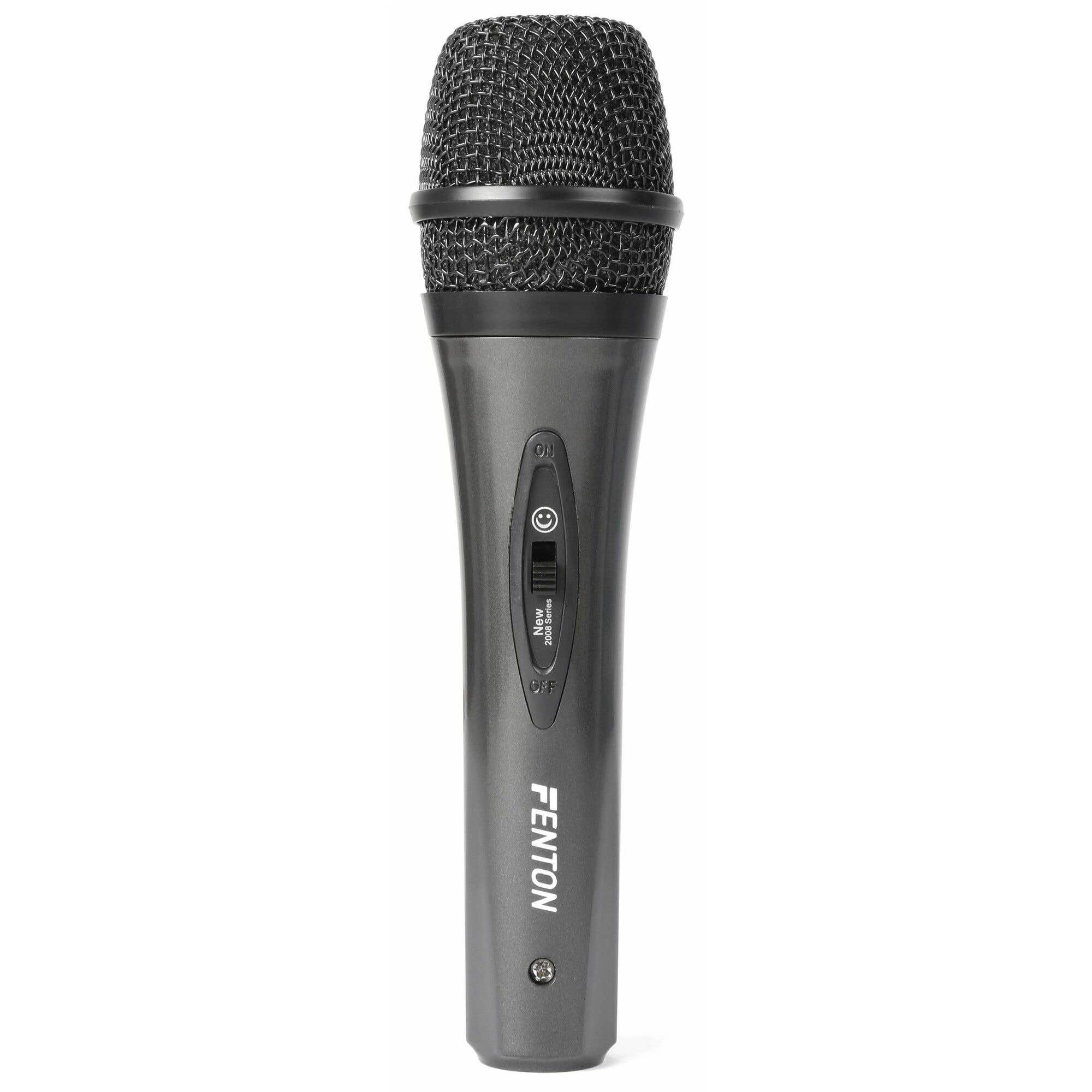 Een grijze Fenton microfoon op een witte achtergrond. Het heeft een zwarte mesh kop en een schakelaar met 'ON' en 'OFF'.