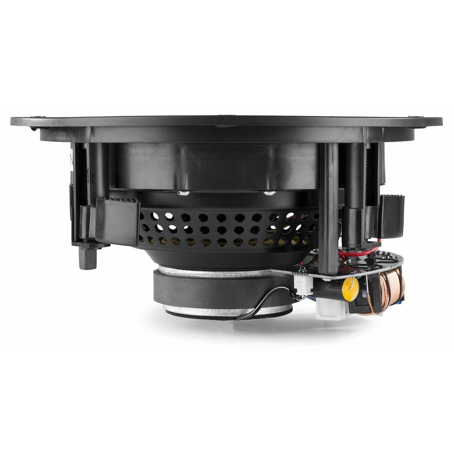 Un componente de altavoz negro con diseño circular. Incluye sección perforada, cableado y componentes electrónicos.