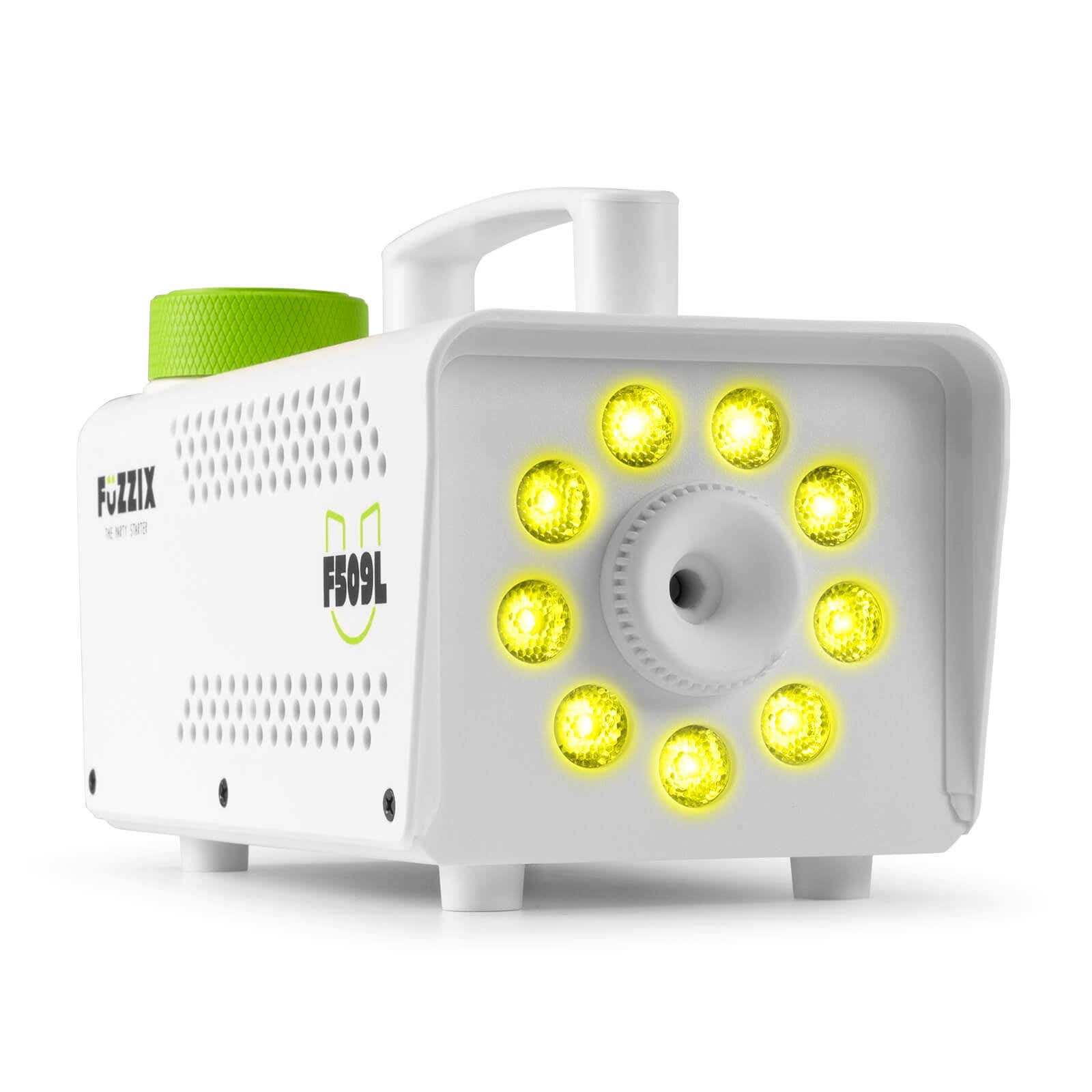 Una máquina de niebla Fuzzix blanca con detalles verdes. Tiene luces amarillas alrededor de una boquilla central.