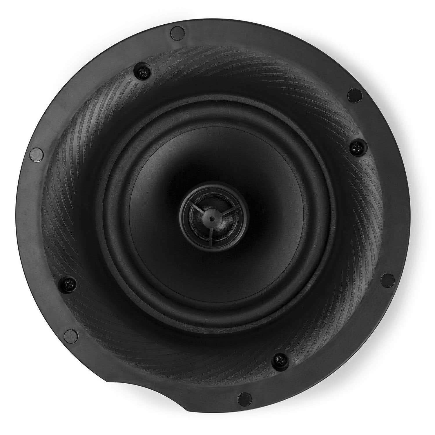 Primer plano de un altavoz circular negro. Tiene un cono central con un centro pequeño y detallado y un anillo exterior acanalado.