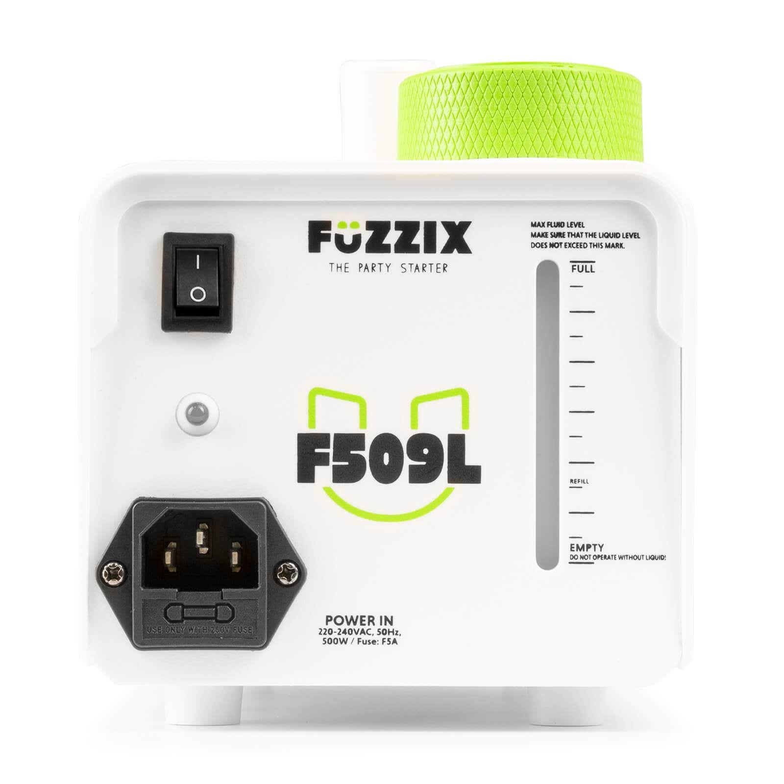 Dispositivo blanco con interruptor negro, dial verde y medidor de nivel de líquido. Texto: Fuzzix, The Party Starter, F509L, Power In.