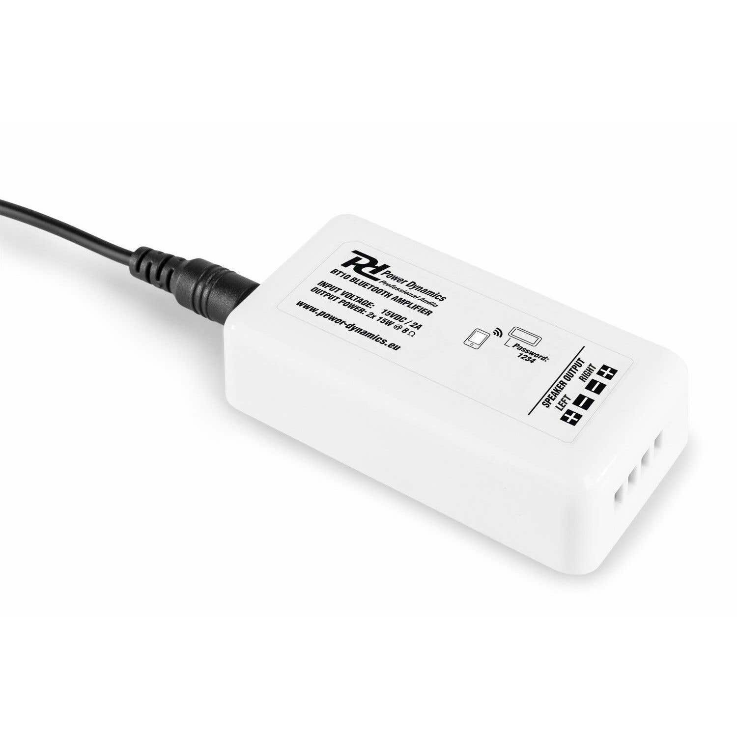 Amplificador Bluetooth blanco con cable de alimentación negro. Texto incluye 'Power Dynamics', 'BT10 Bluetooth Amplifier' y 'Speaker Output'.