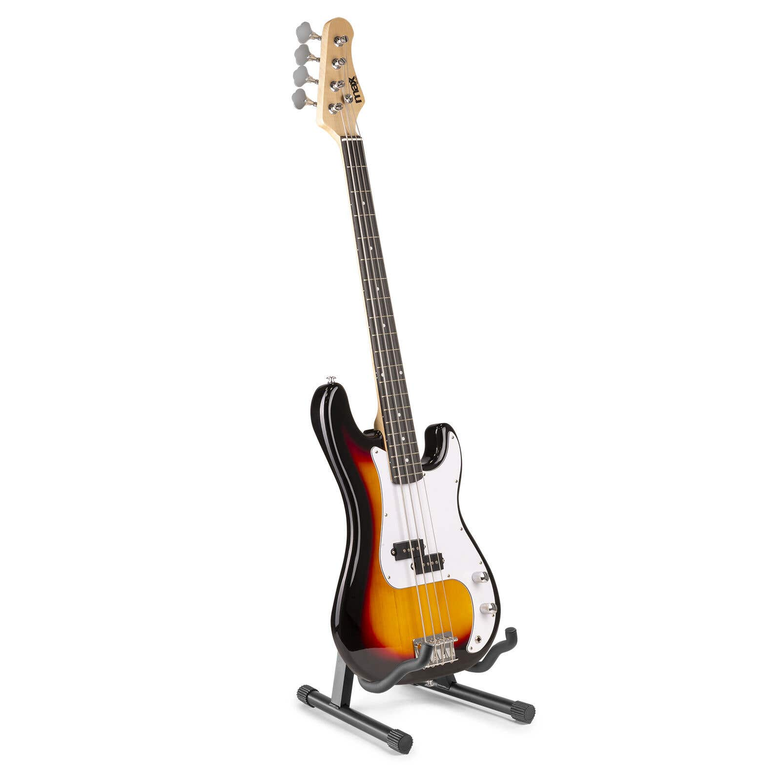 Un bajo en un soporte, con un cuerpo negro, naranja y blanco. El clavijero es de madera clara.